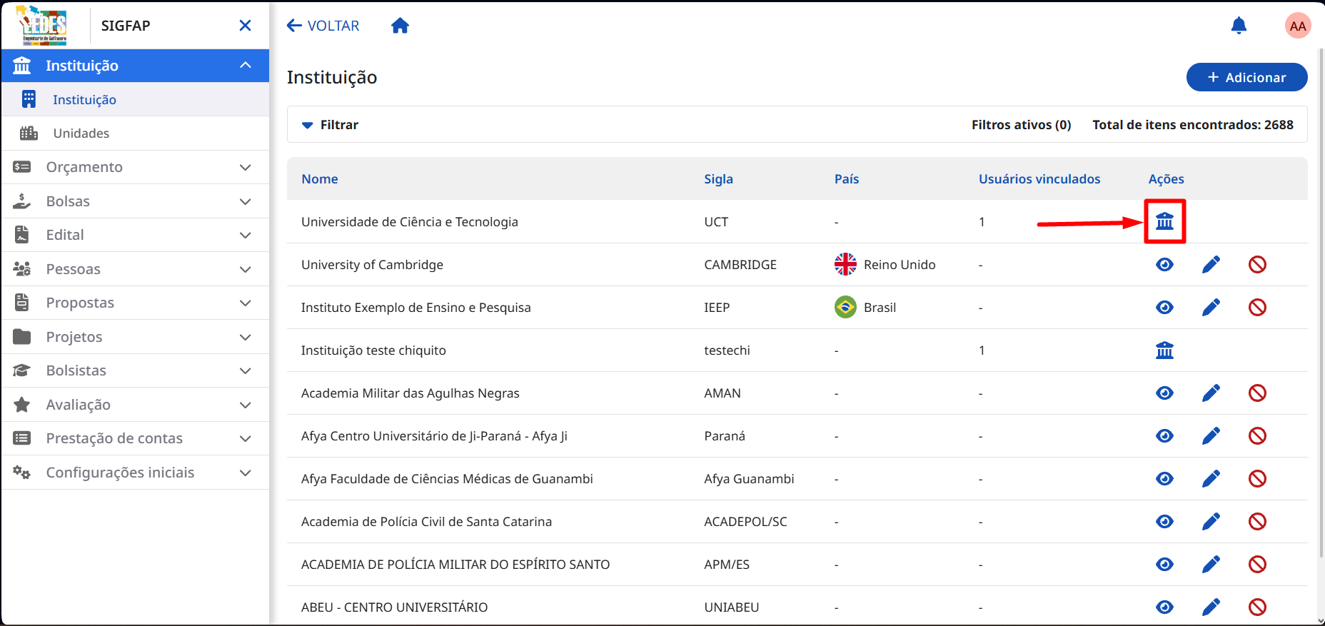 Acessando a tela de vinculação de instituição sugerida. Botão de vincular instituição sugerida destacado.