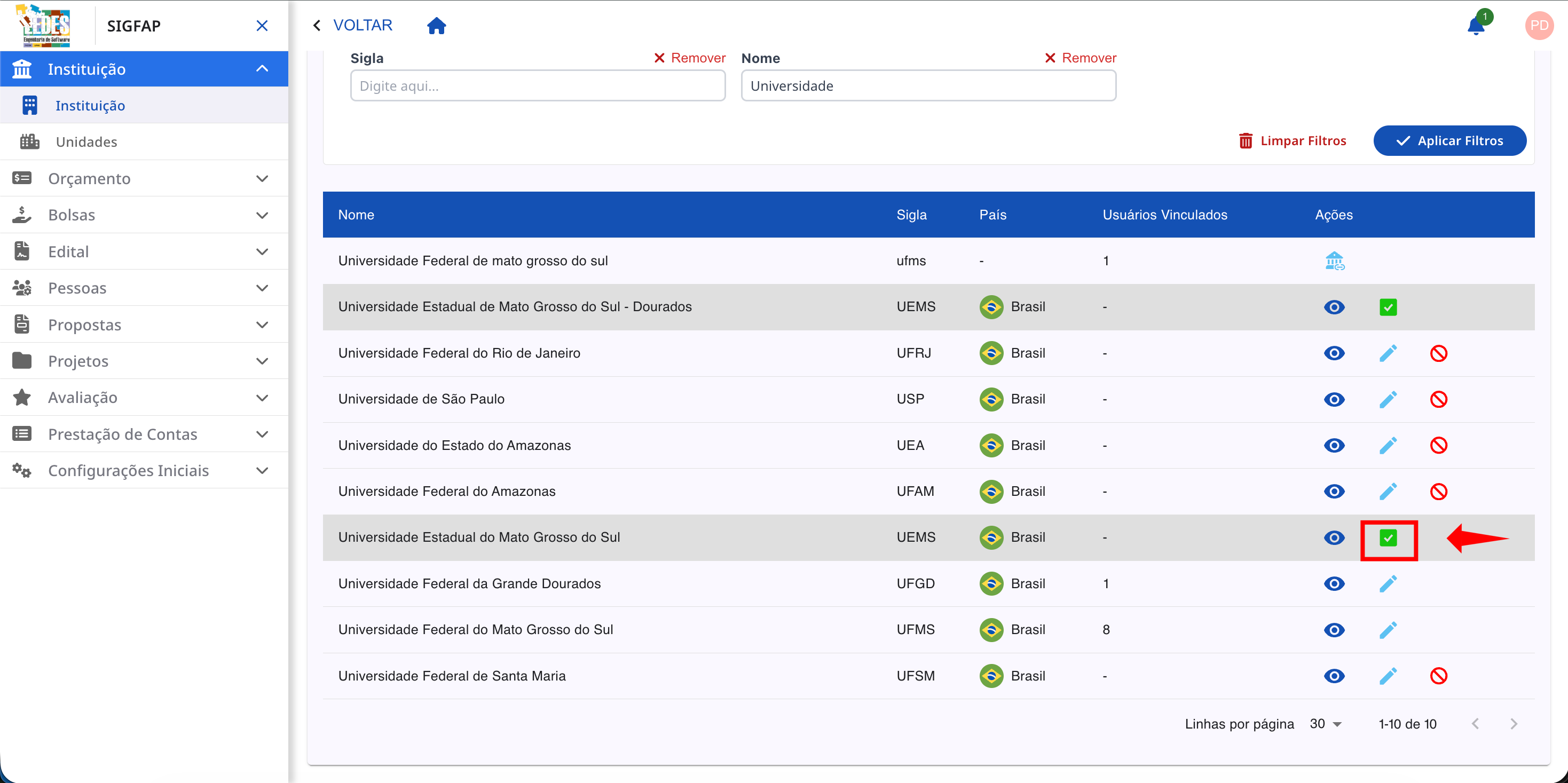Ícone de check para reativar a instituição.