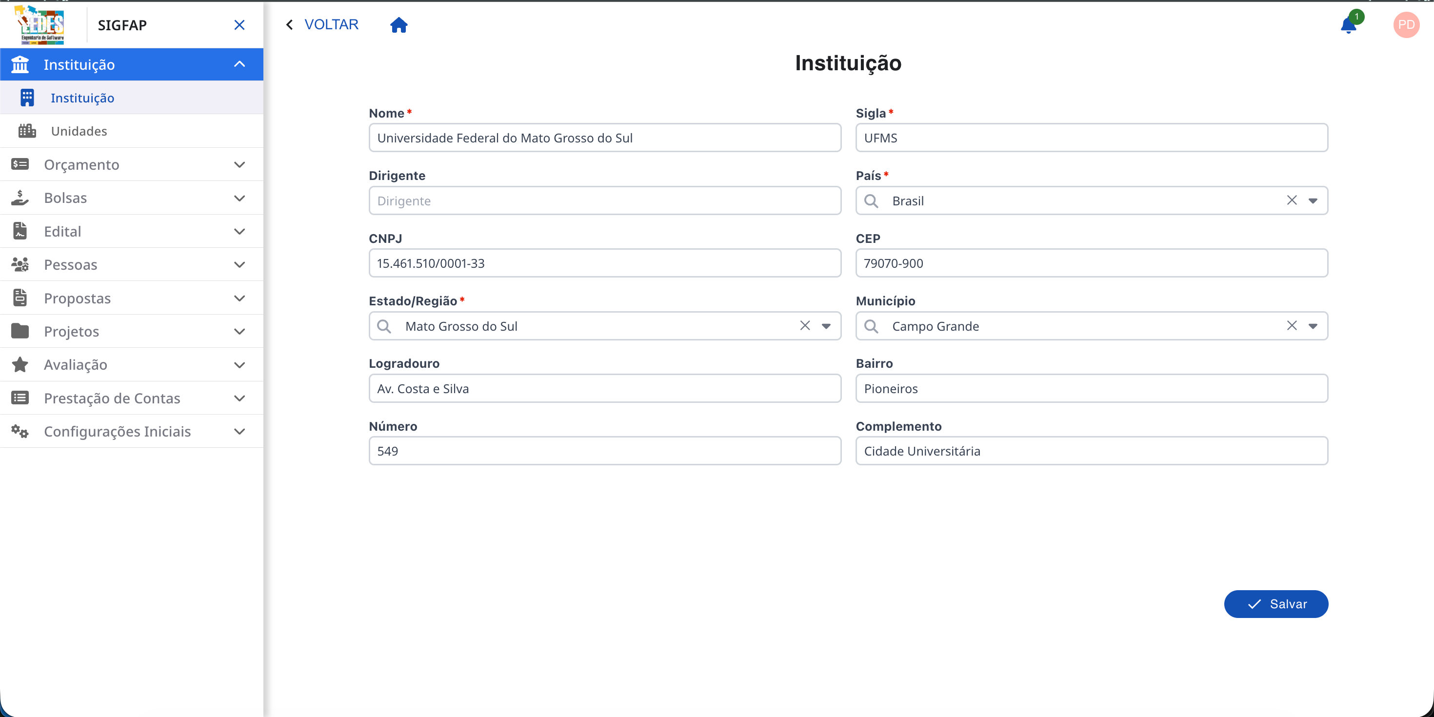 Tela de cadastro para uma instituição brasileira.