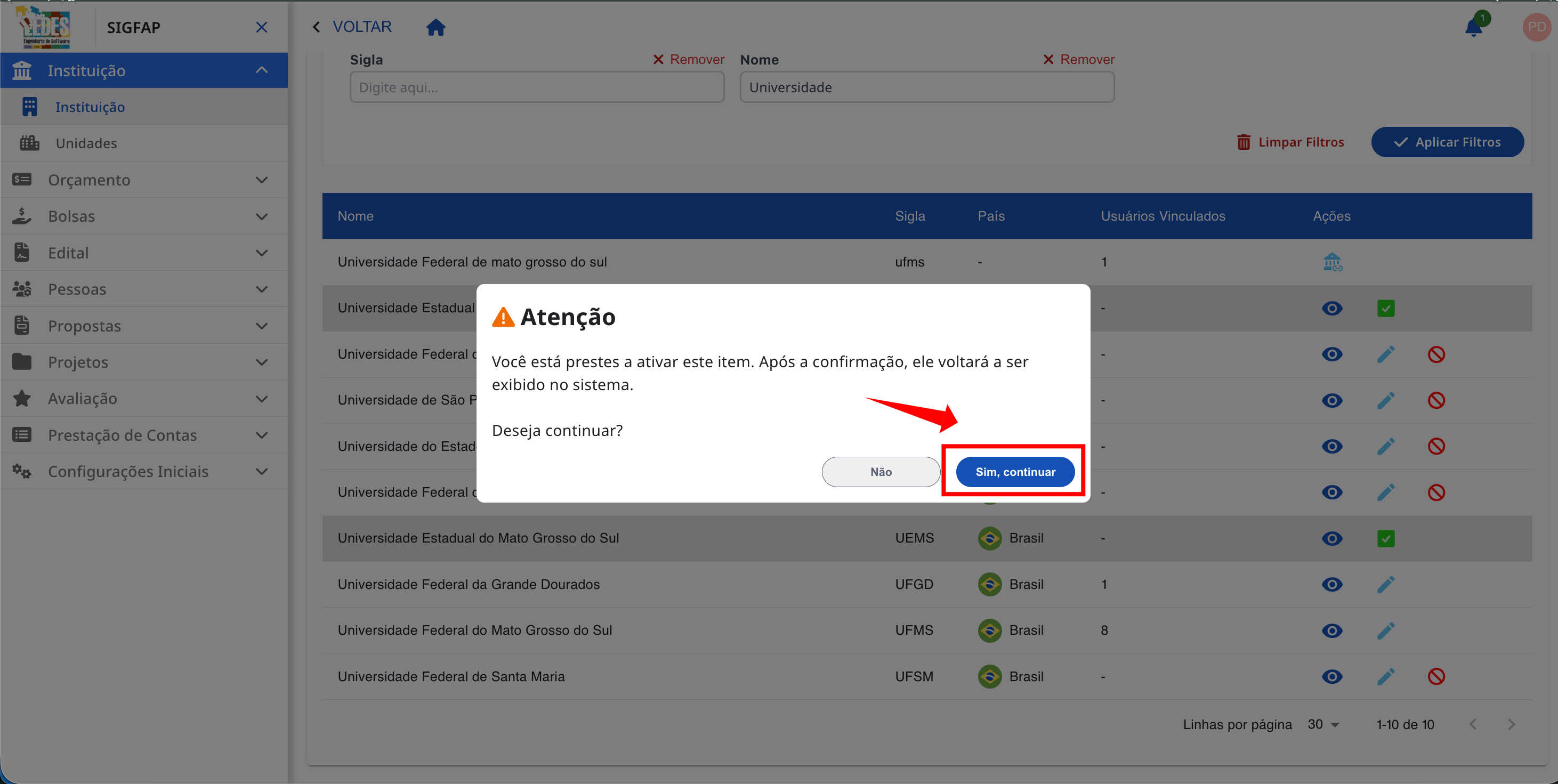 Janela de confirmação para desativar o item.