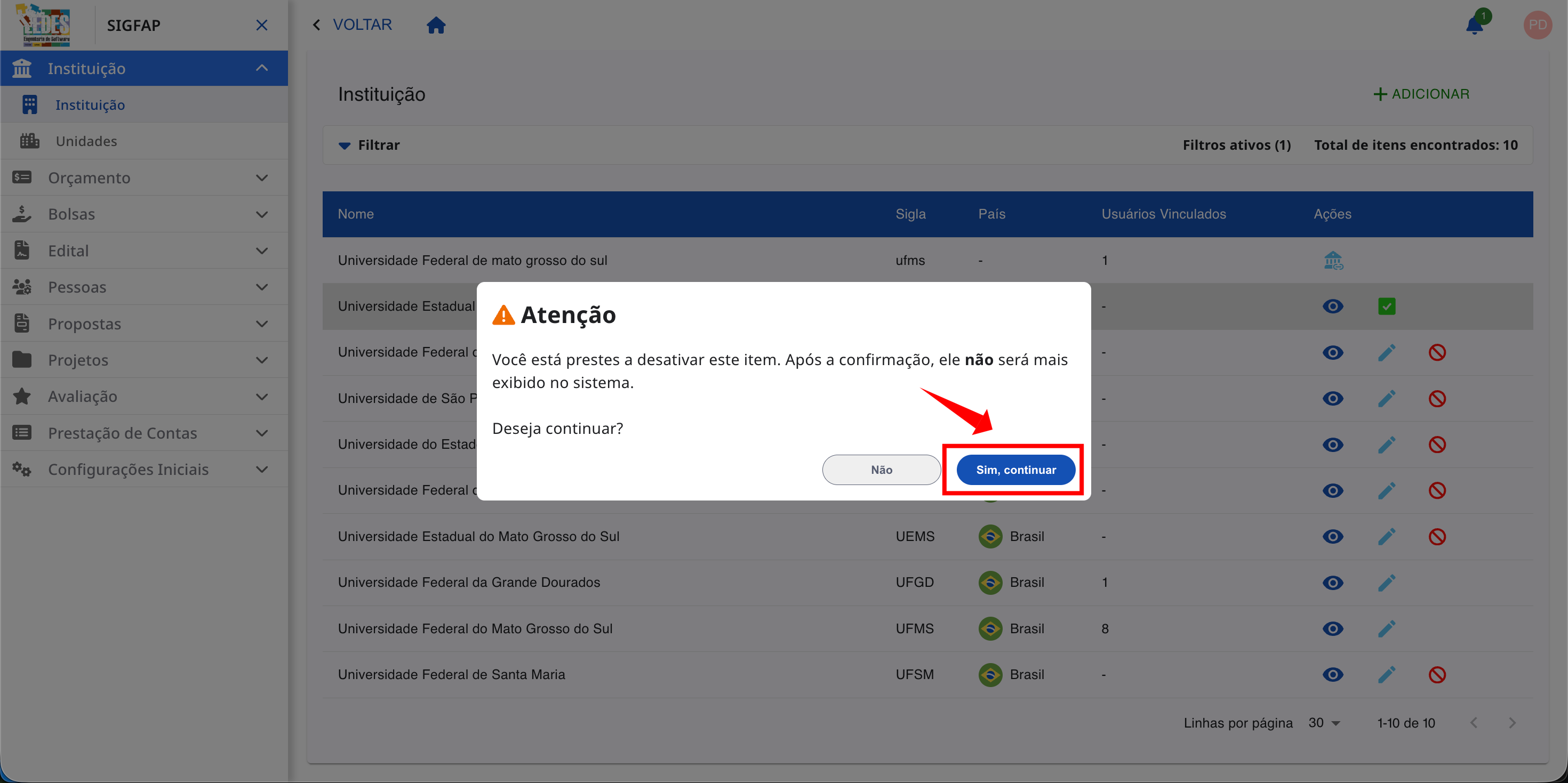Janela de confirmação para desativar o item.