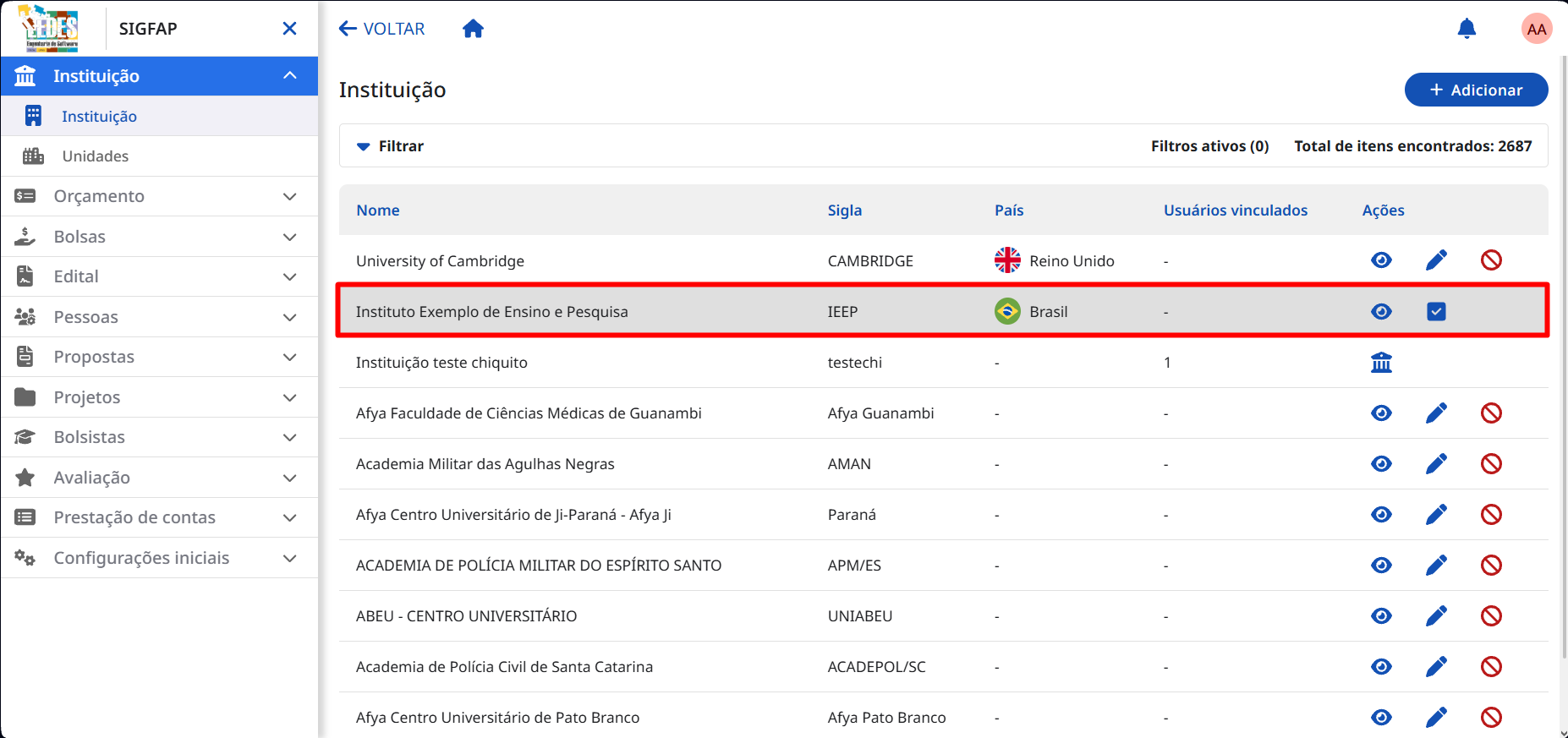 Instituição desativada na lista. Tela com a instituição desativada na lista.