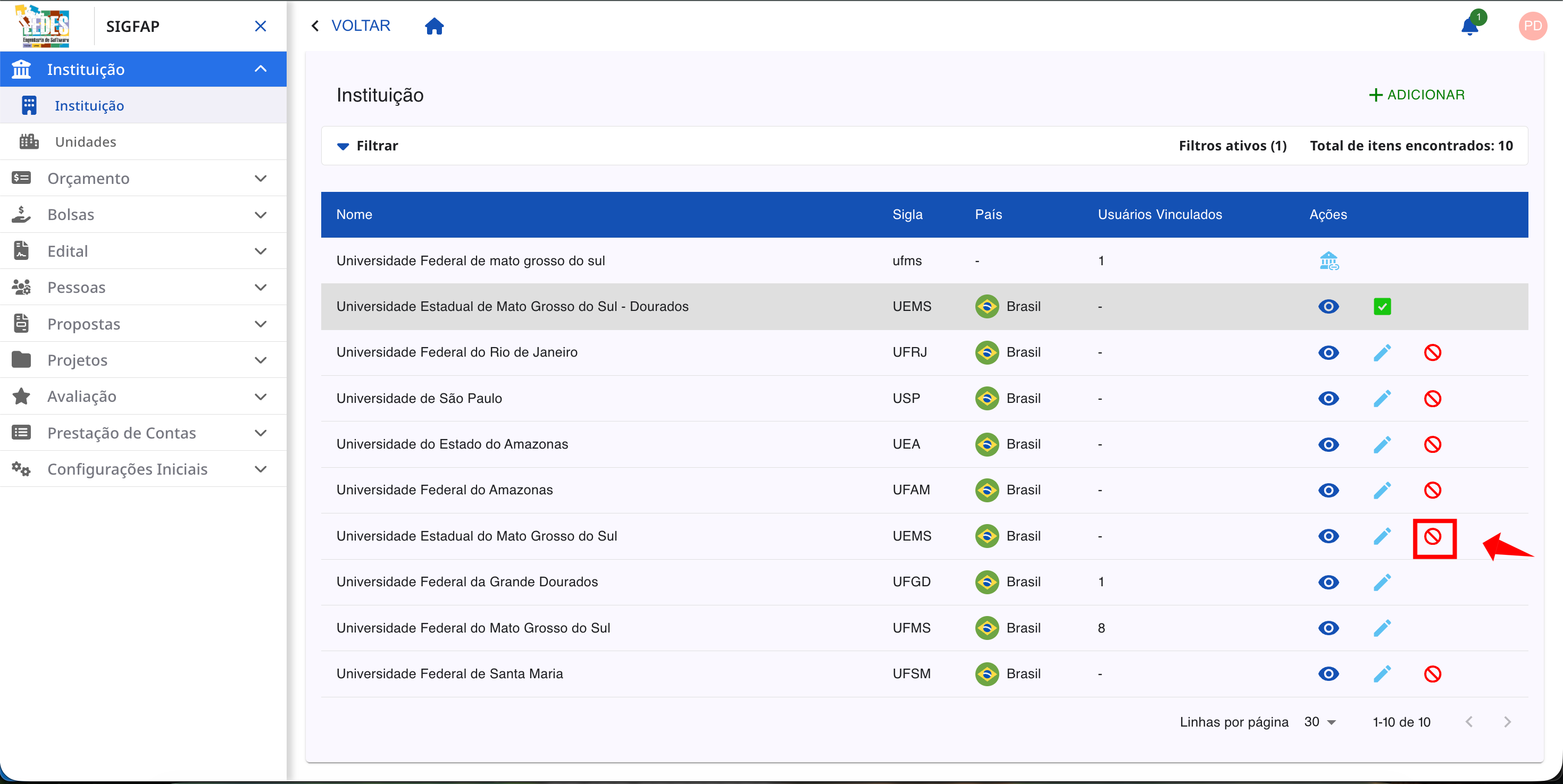 Ícone de bloqueio para desativar a instituição.