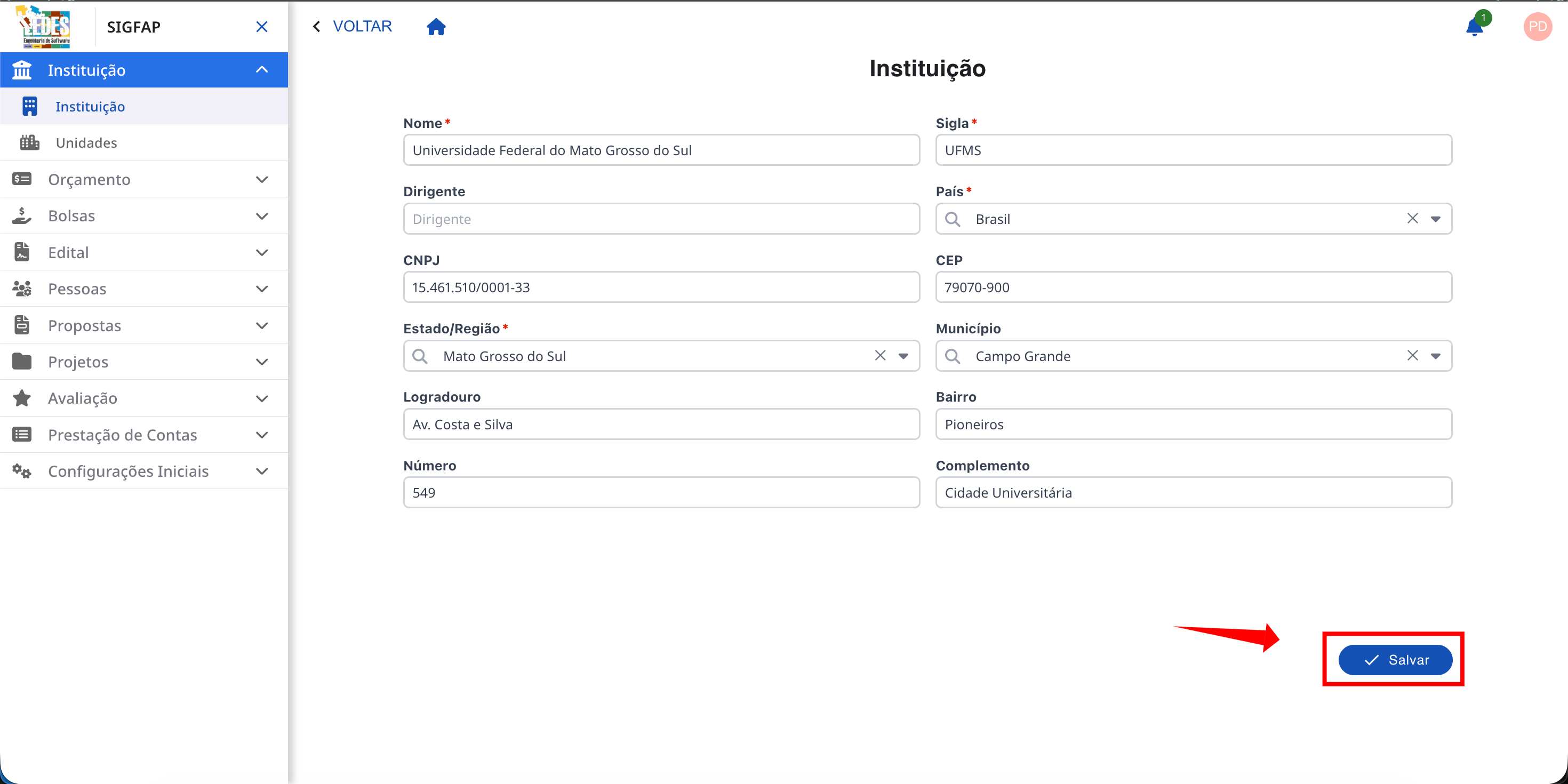 Salvando as alterações na tela de edição.