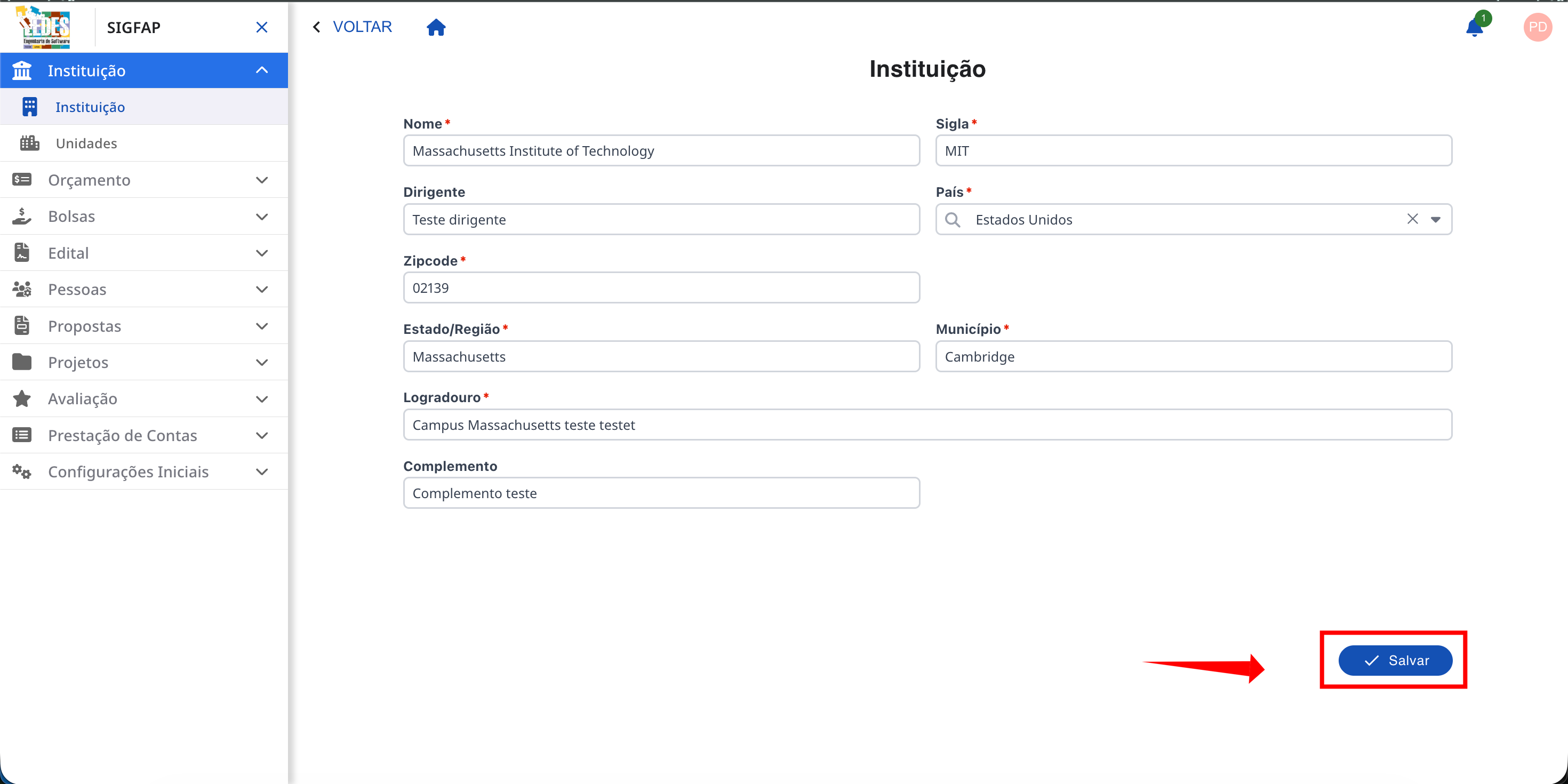 Botão Salvar destacado no final do formulário de instituição estrangeira.