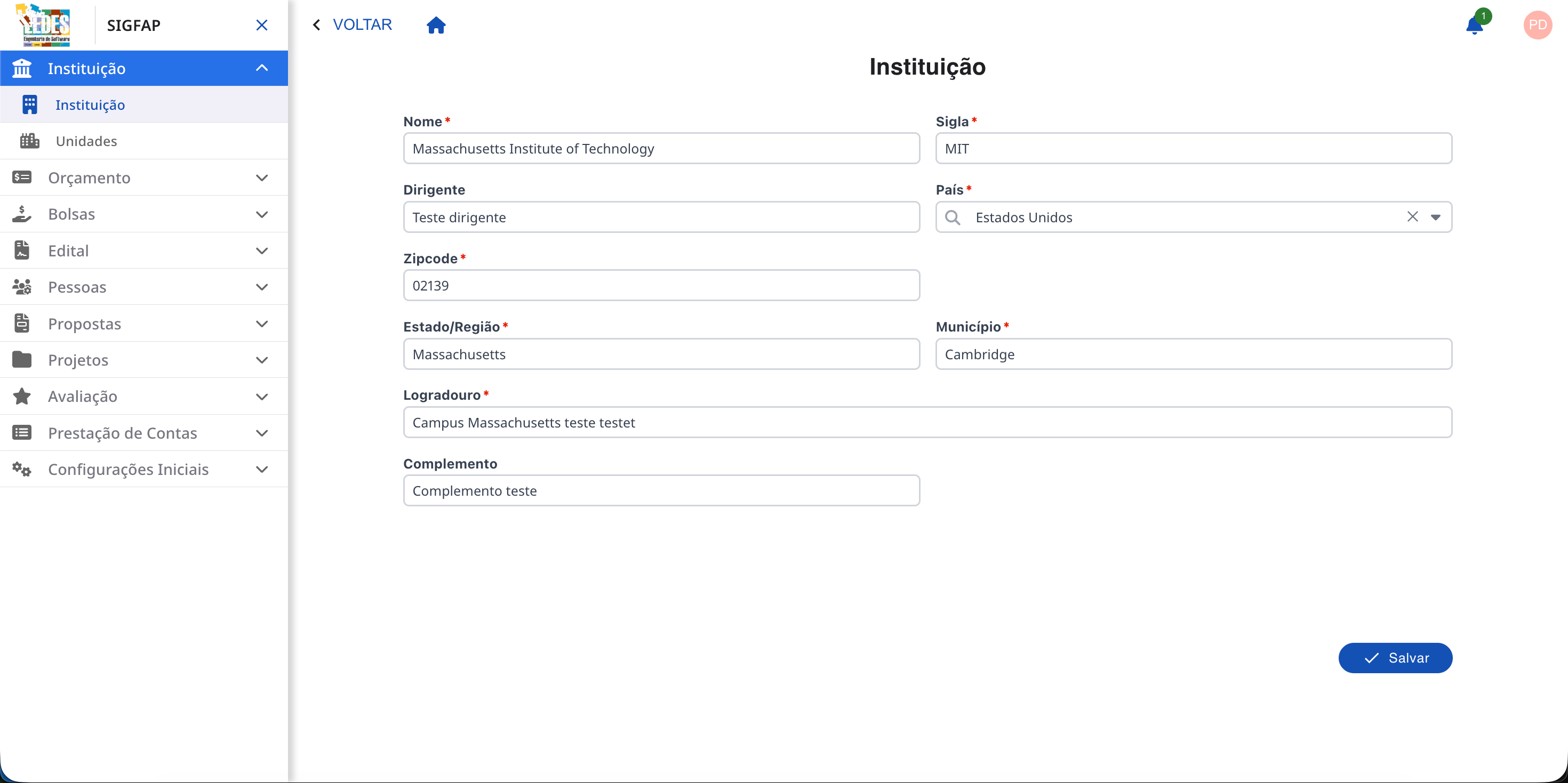 Tela de cadastro para uma instituição estrangeira.
