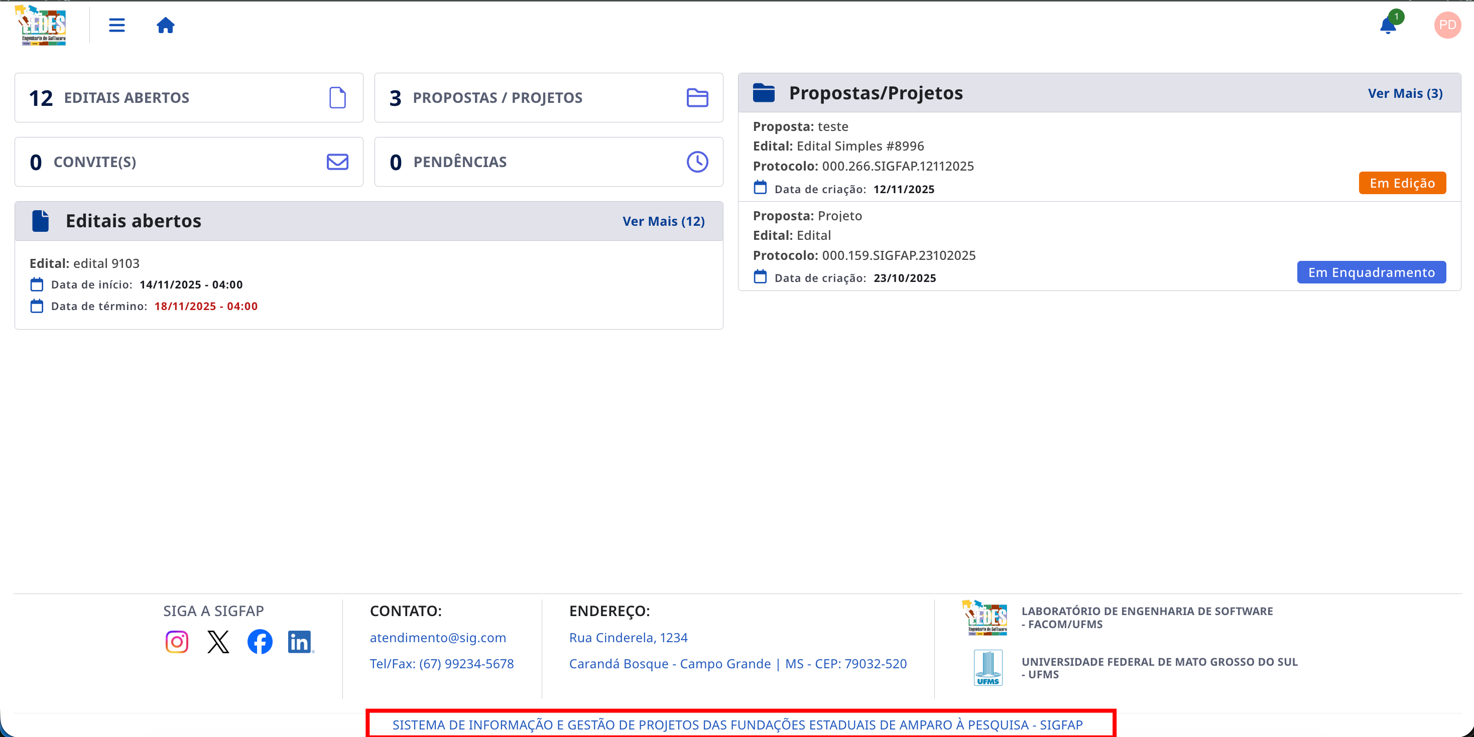 Tela com a instituição aparecendo no rodapé.