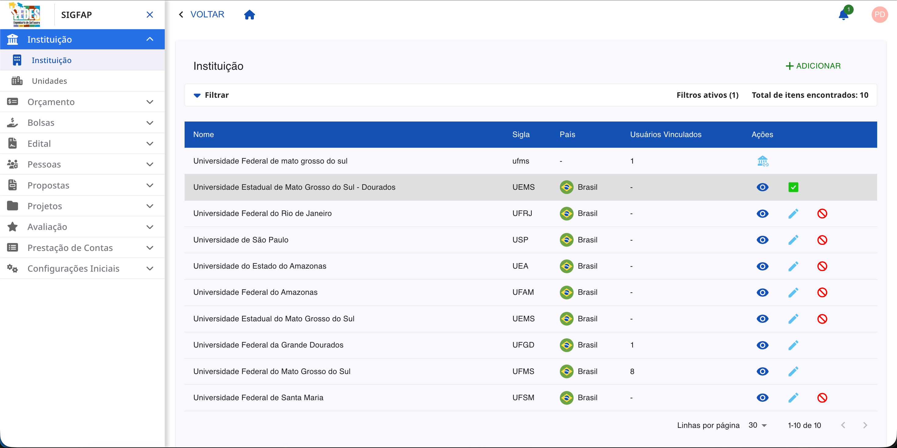 Tela final com a instituição reativada na lista.