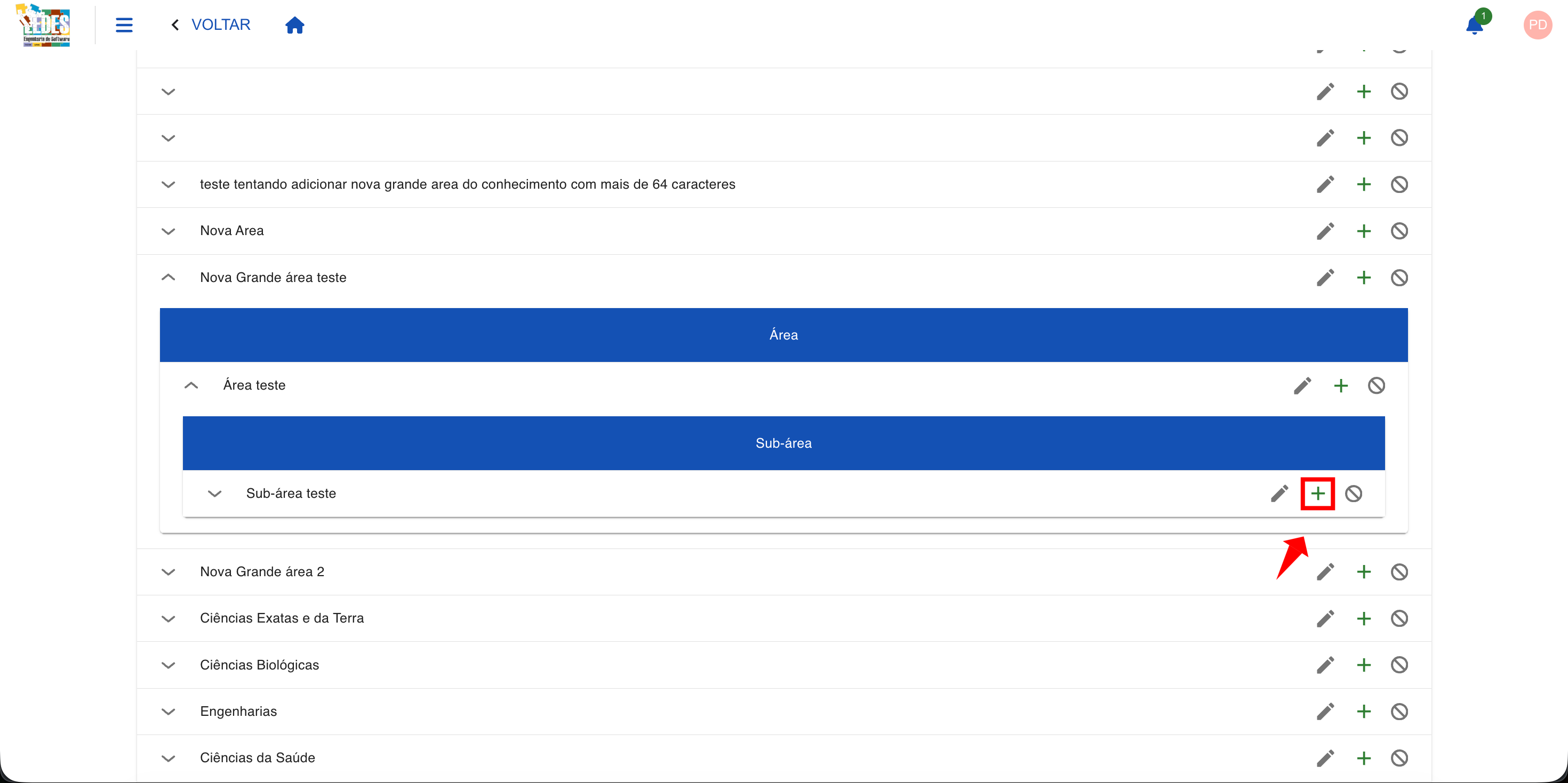Ícone de lápis para edição destacado na tabela.