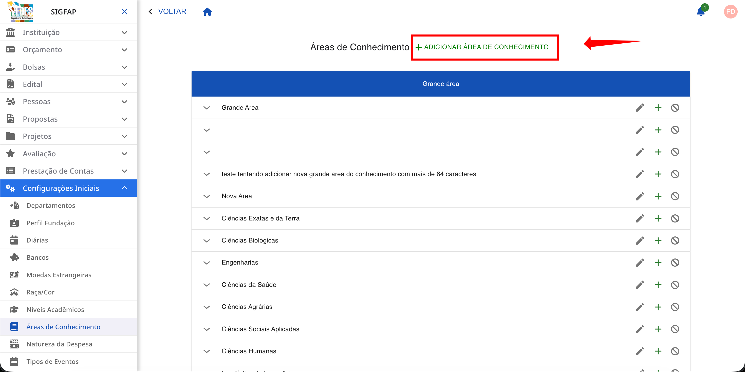 Opção de adição de uma nova Área de Conhecimento.