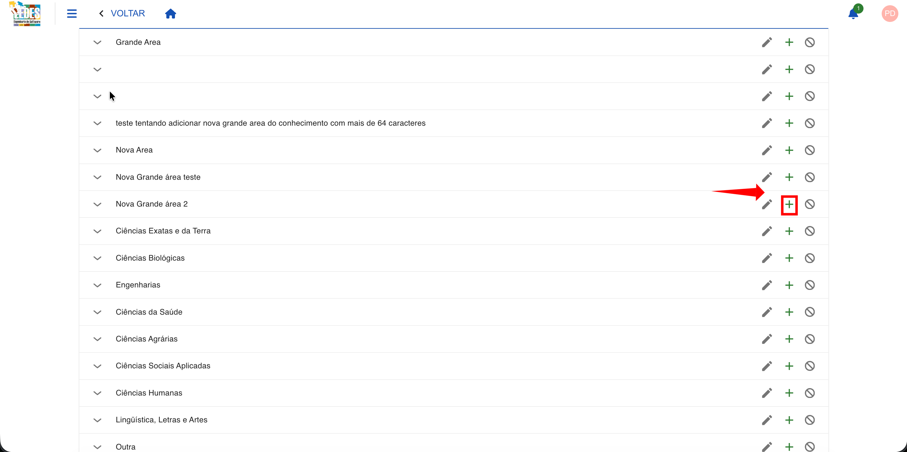 Ícone de lápis para edição destacado na tabela.