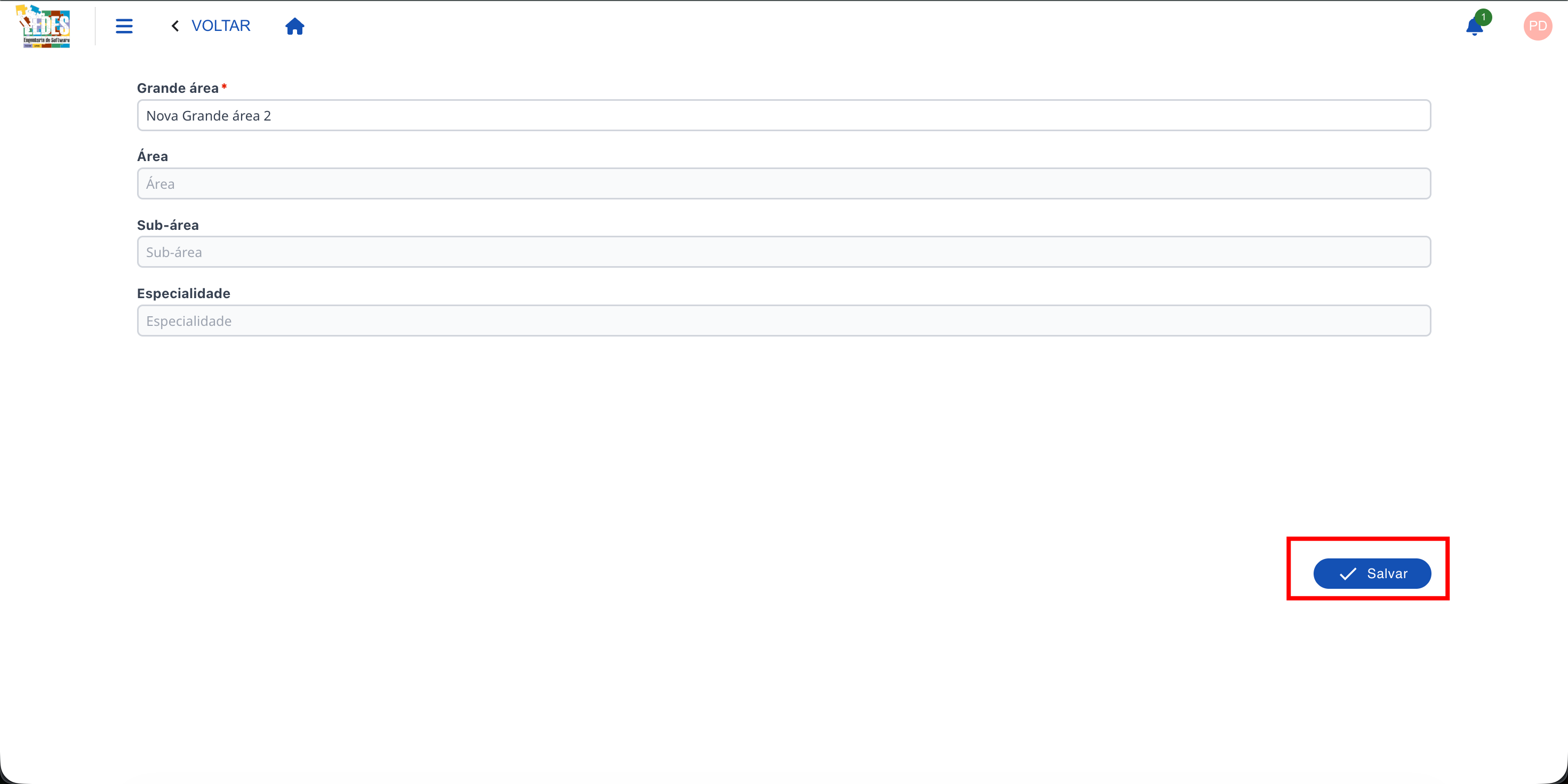 Formulário de adição de um nova Área de Conhecimento.