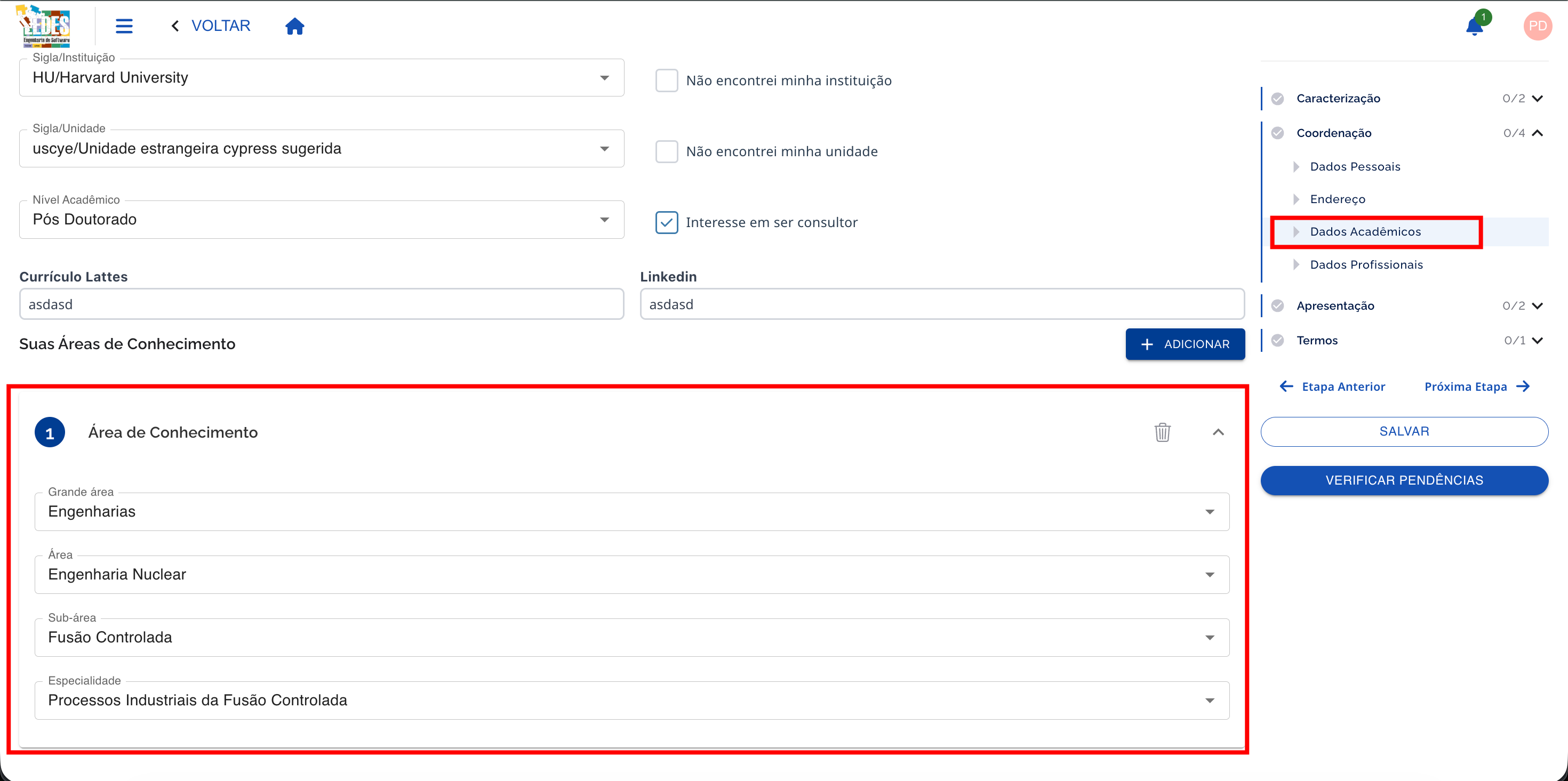 Tela inicial exibindo Área de Conhecimento criado
