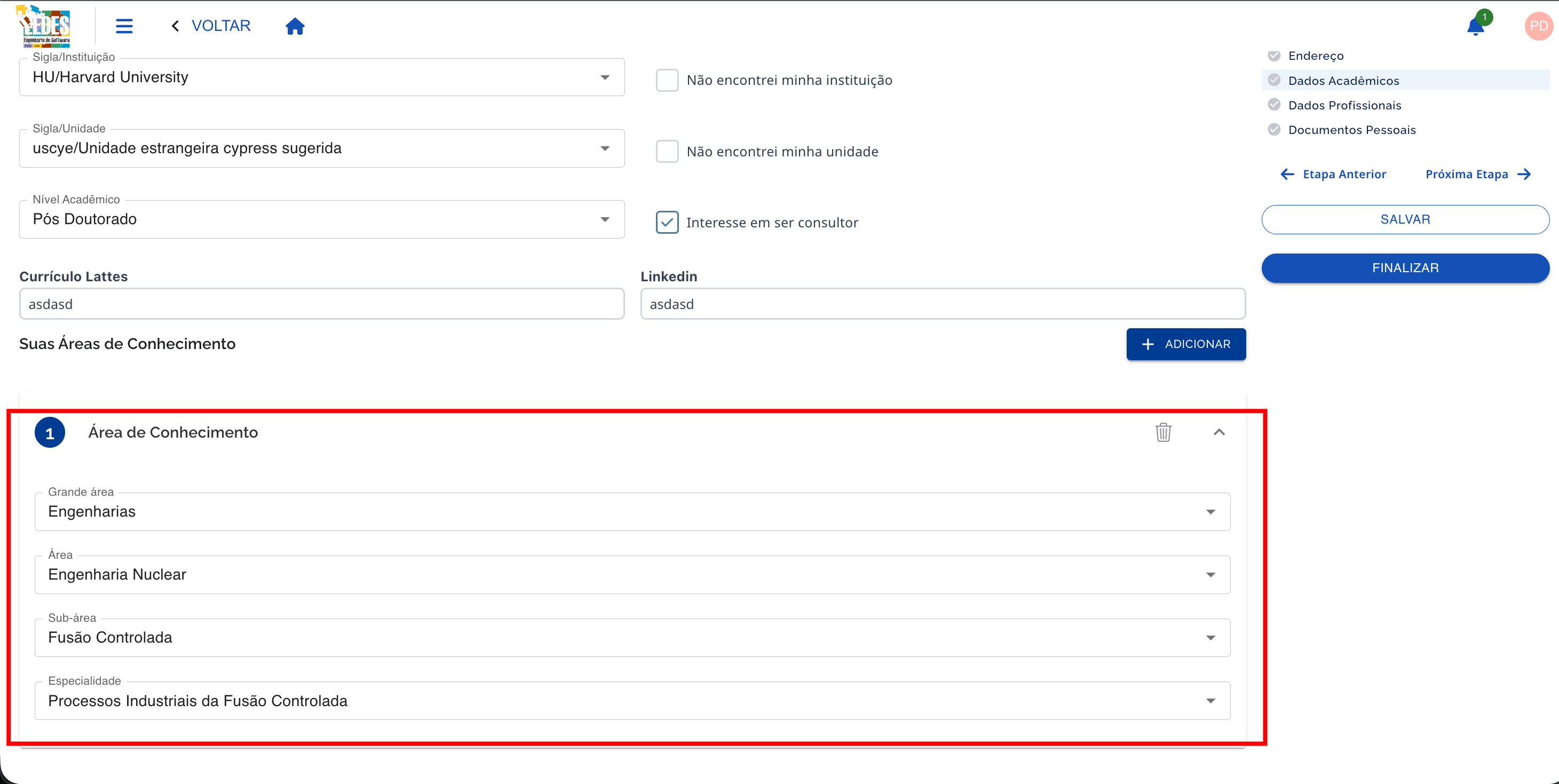 Tela inicial exibindo Área de Conhecimento criado