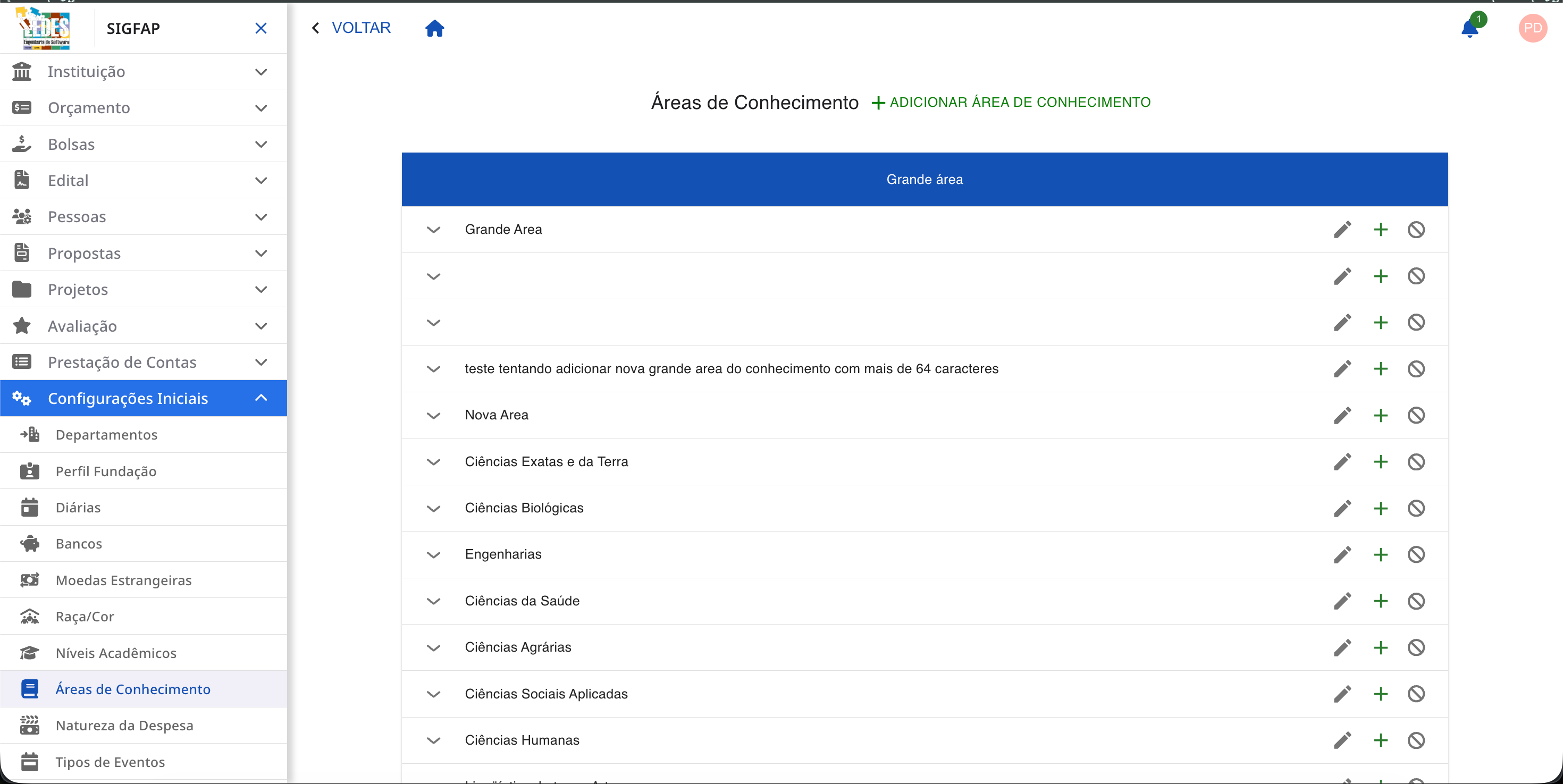 Tela principal de Áreas de Conhecimento.