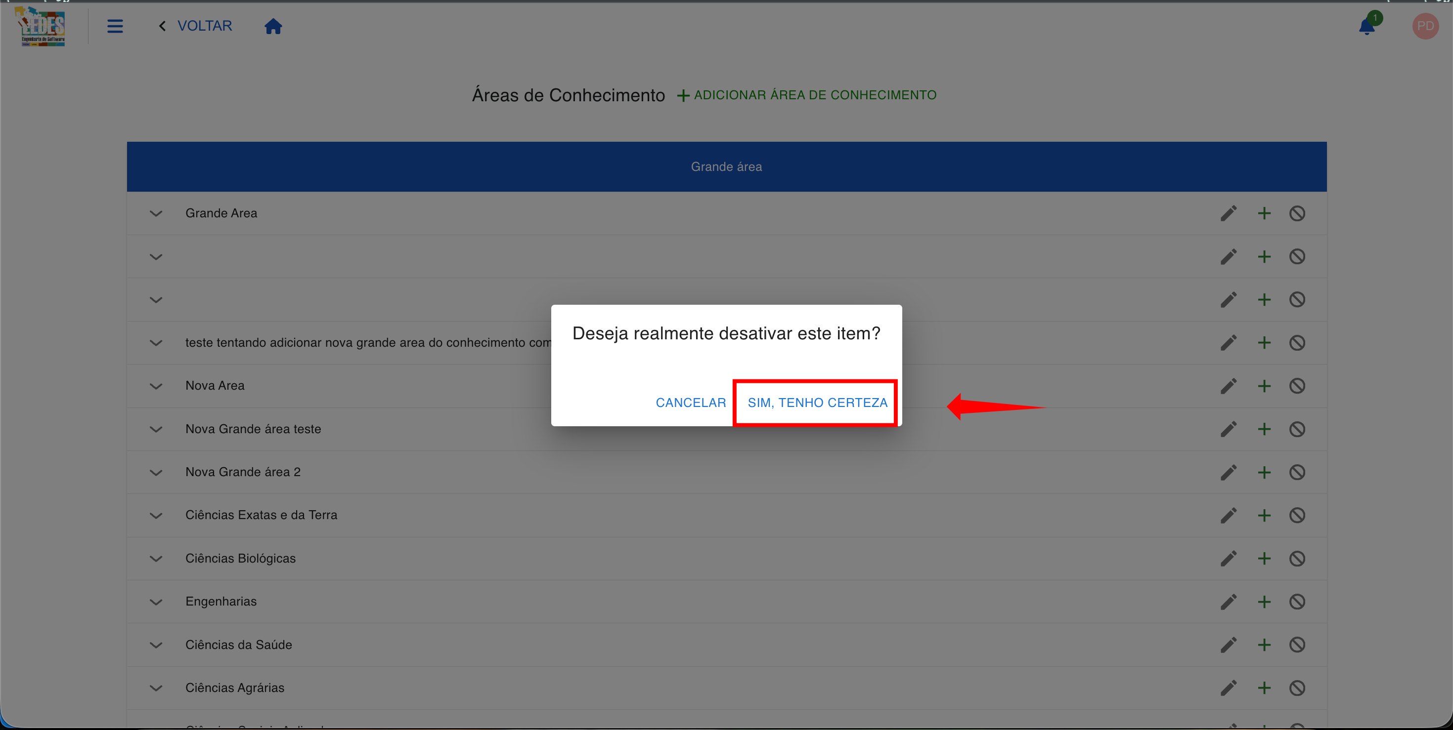 Janela de confirmação para desativar o item.