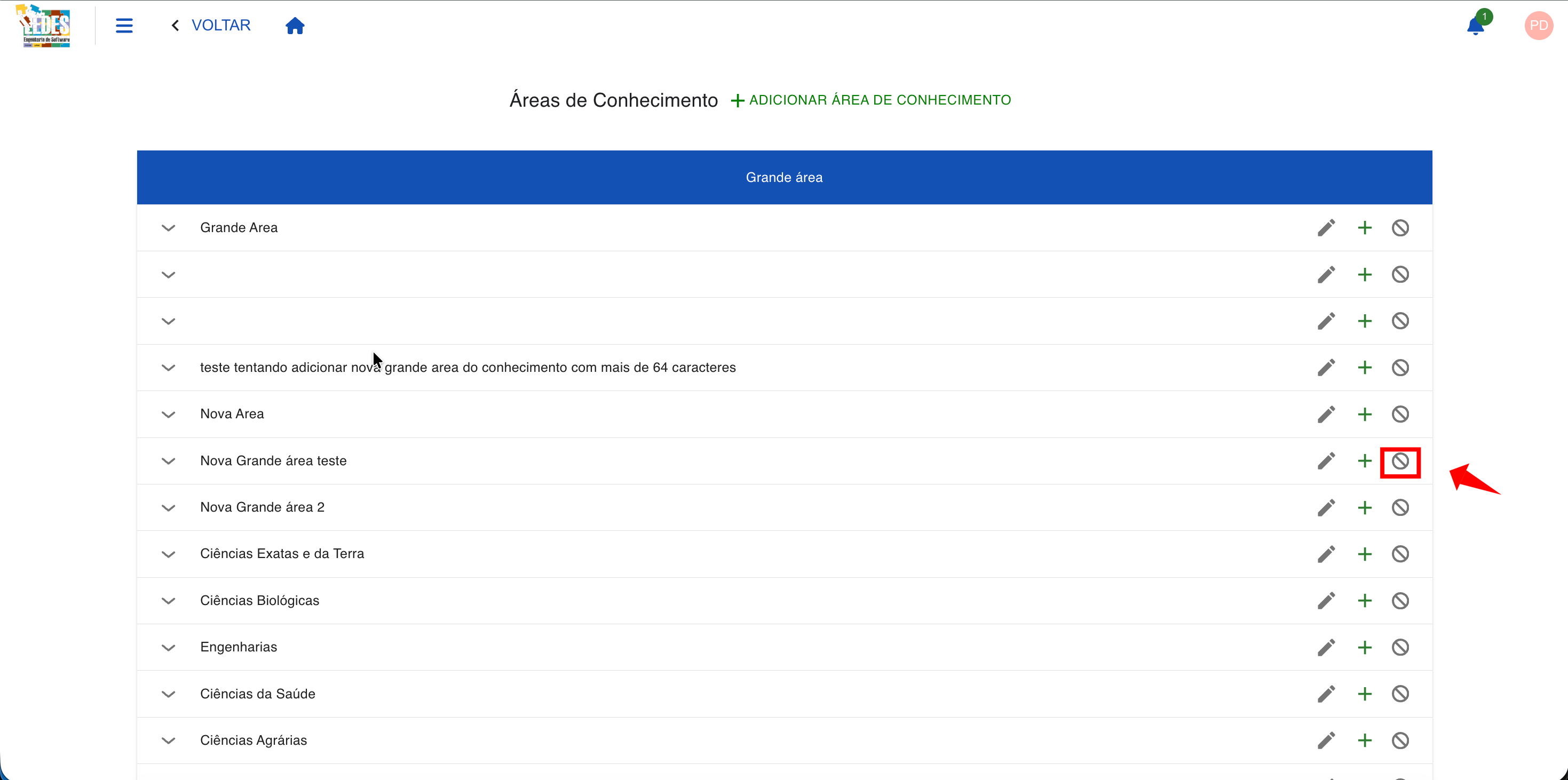 Ícone de bloqueio para desativar uma Área de Conhecimento.
