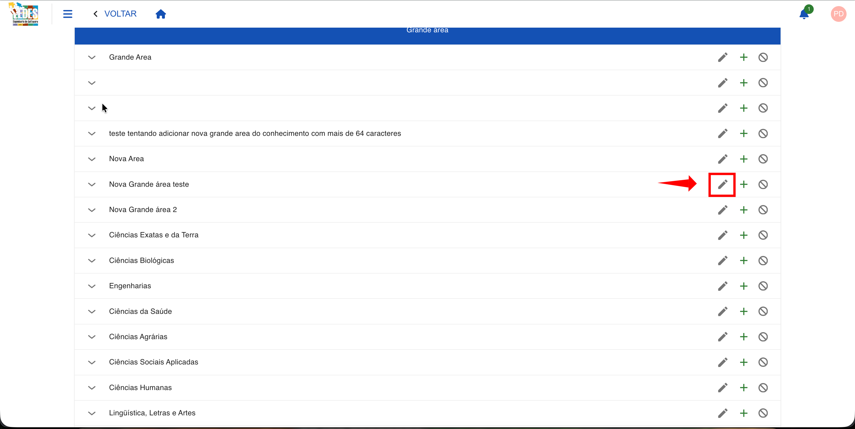 Ícone de lápis para edição destacado na tabela.