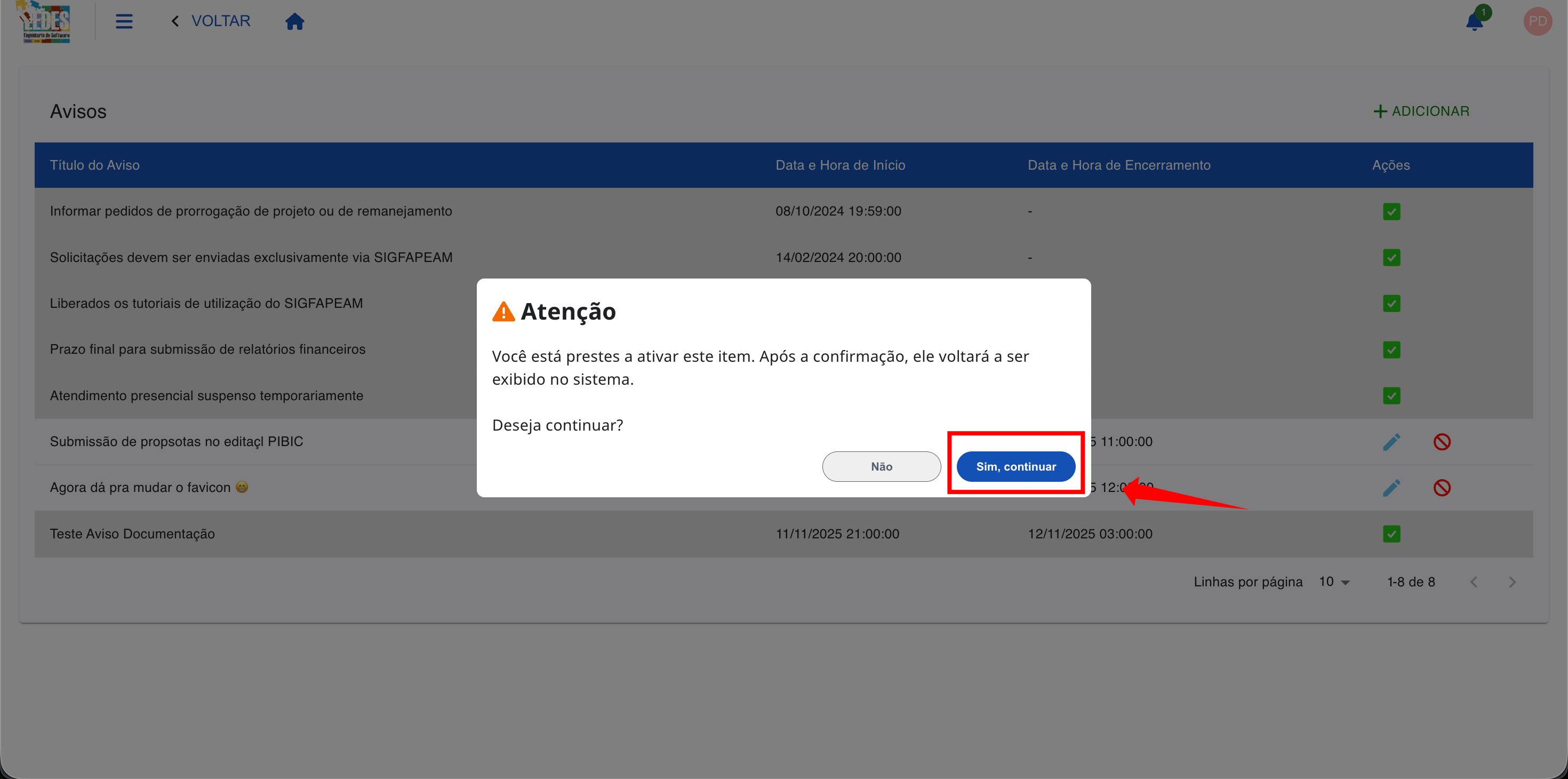 Janela de confirmação para desativar o item.