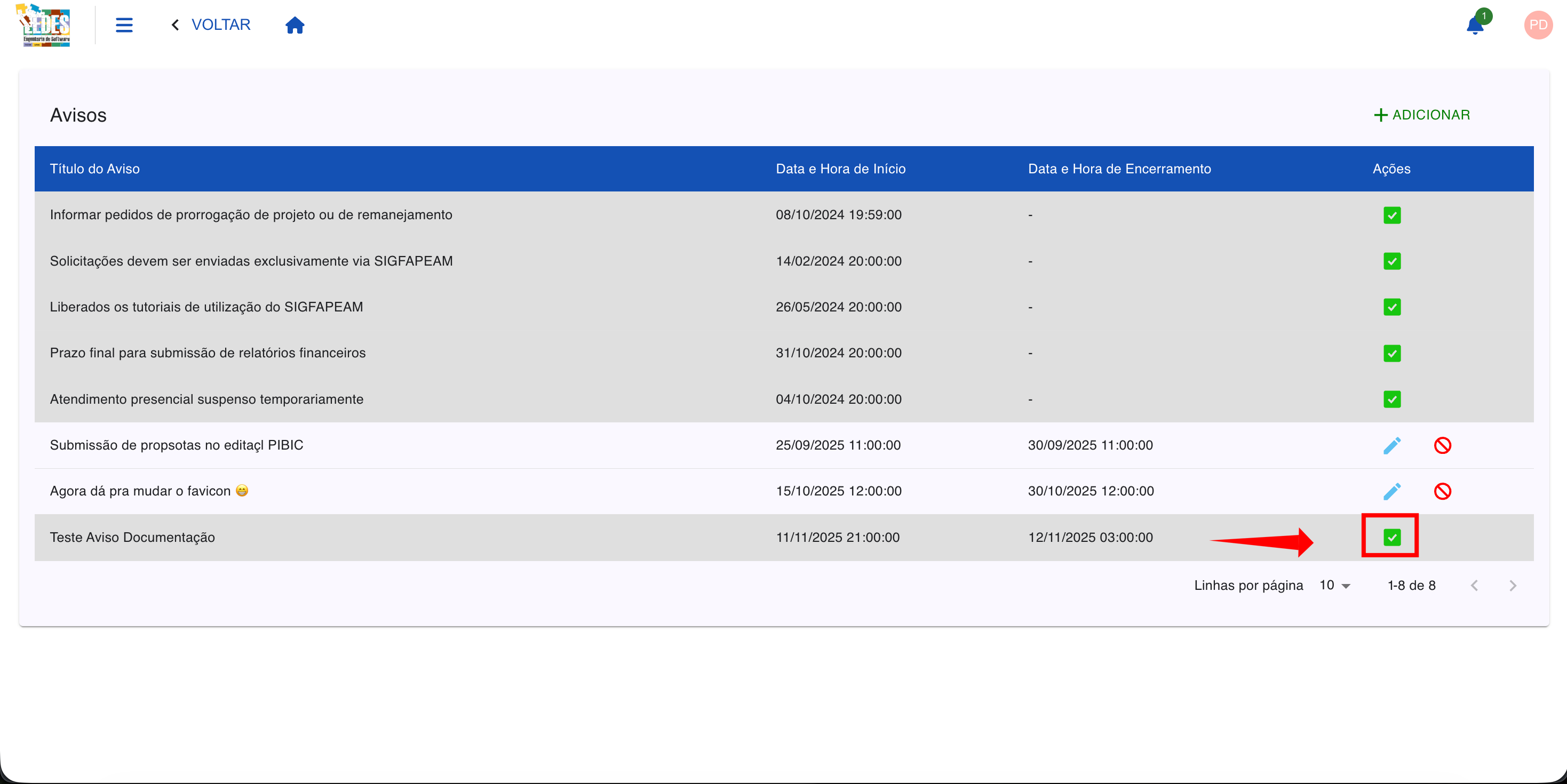 Janela de confirmação para desativar o item.