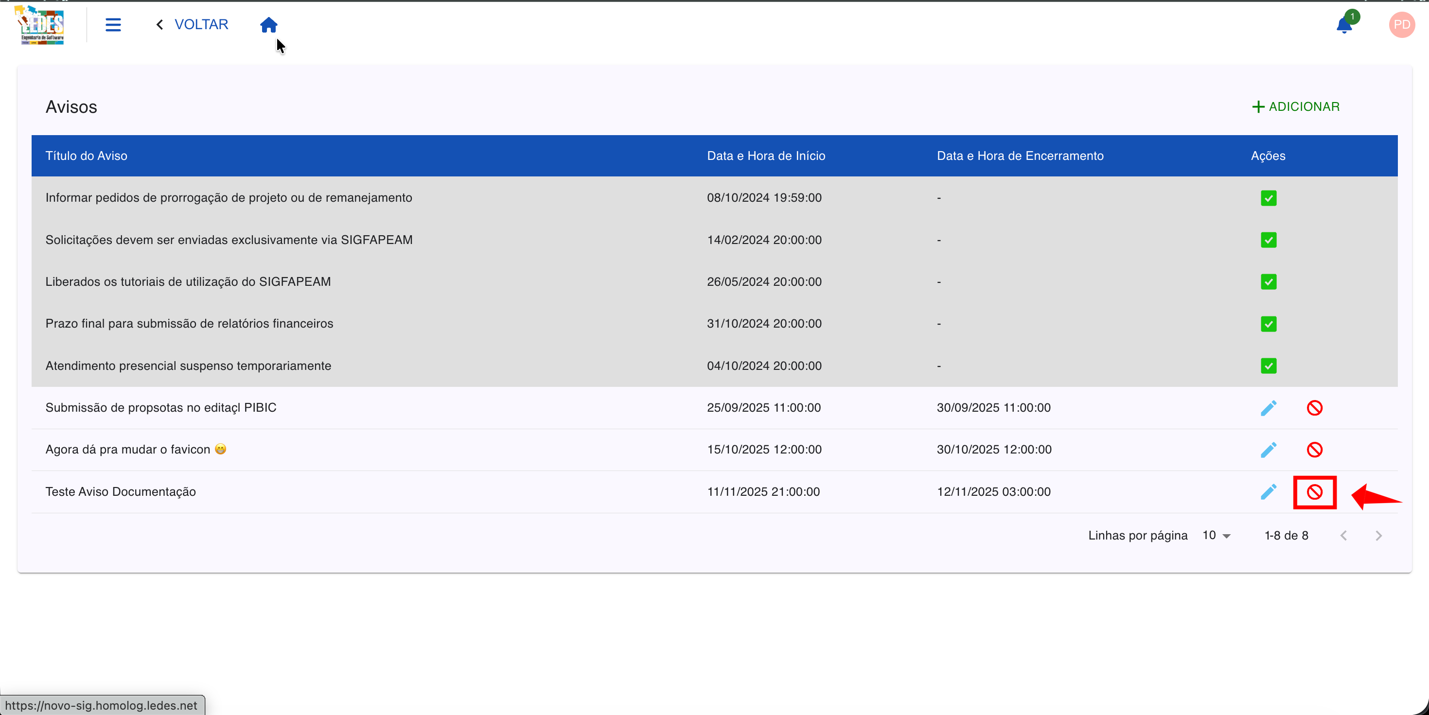 Ícone de bloqueio para desativar um aviso.