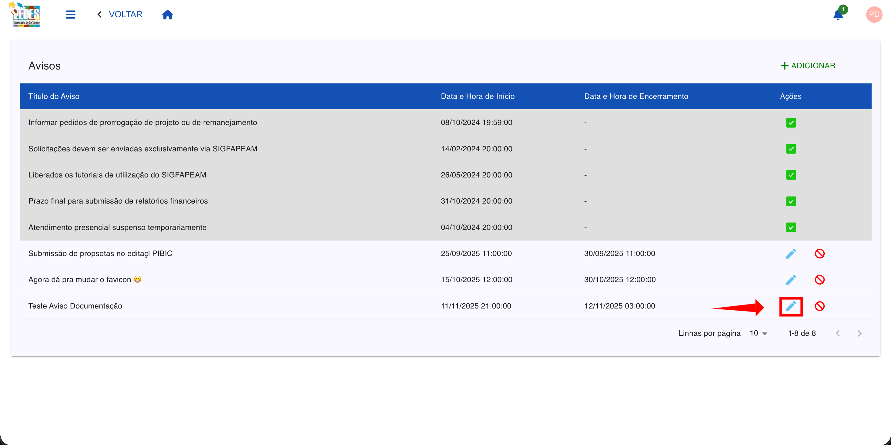 Ícone de lápis para edição destacado na tabela.