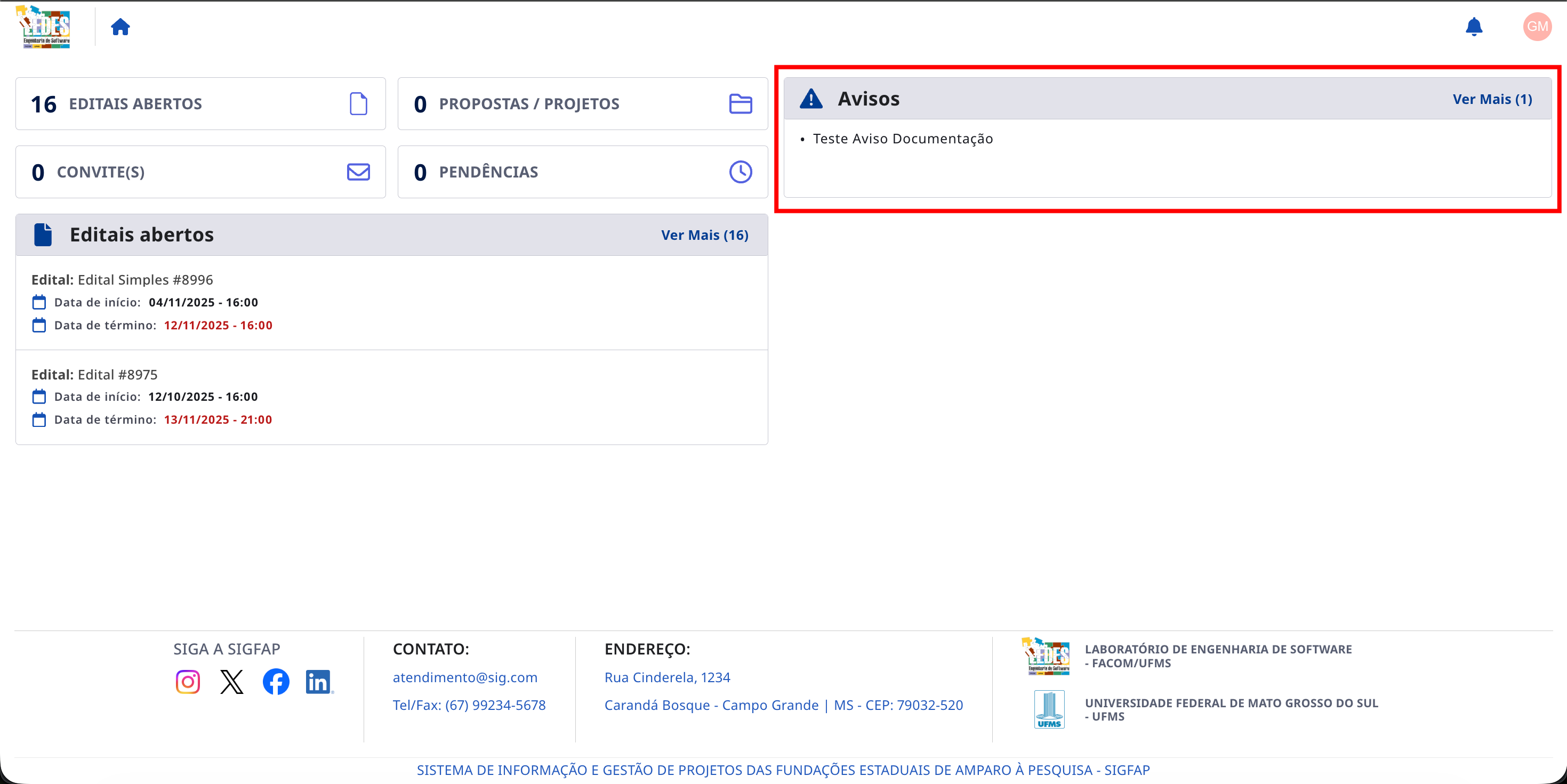 Tela inicial exibindo aviso criado