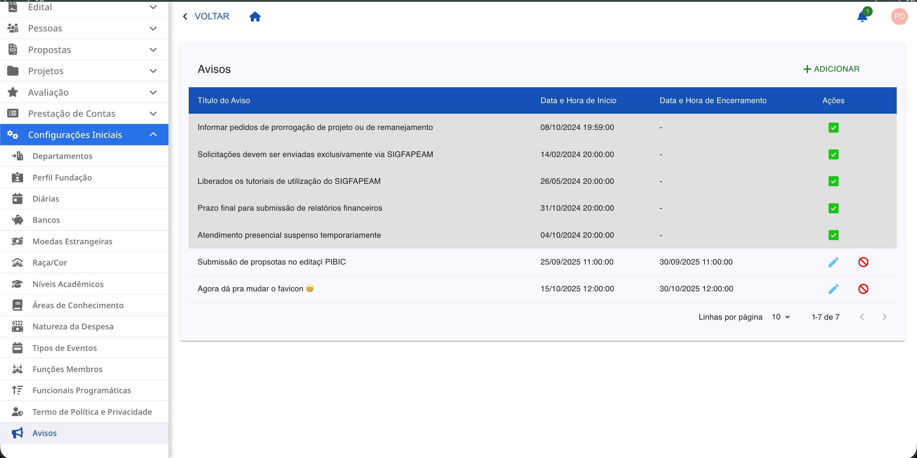 Tela principal de Avisos.