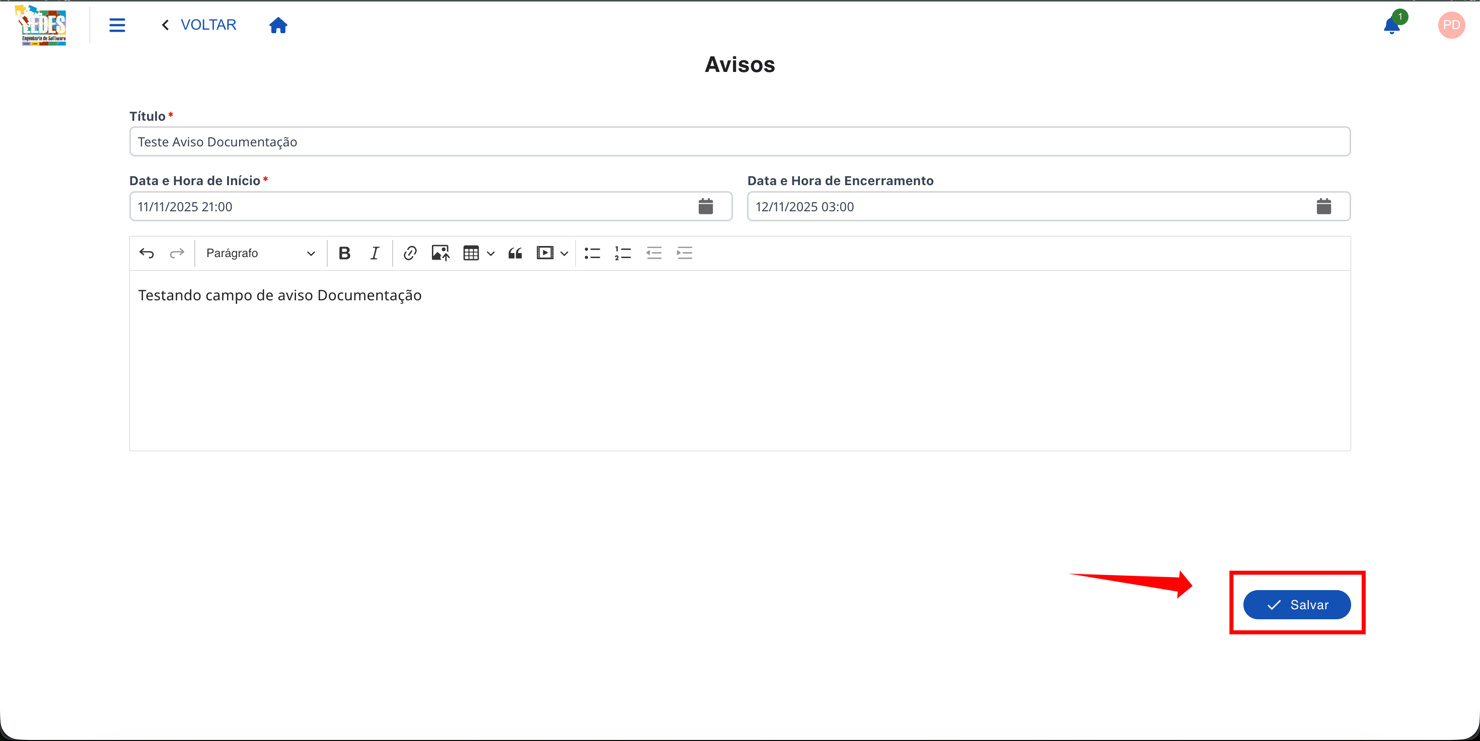 Formulário de adição de um novo aviso.