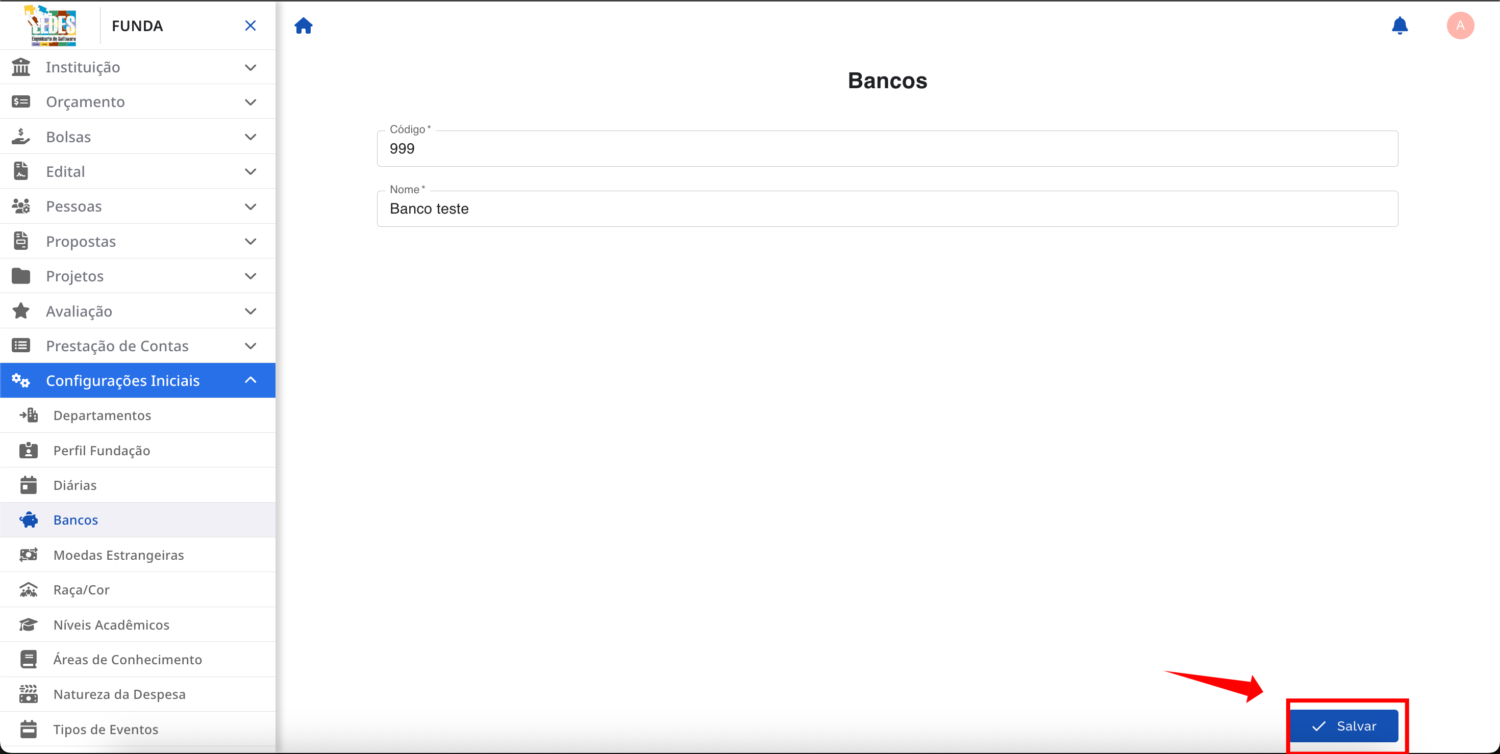 Formulário de adição de um novo banco.
