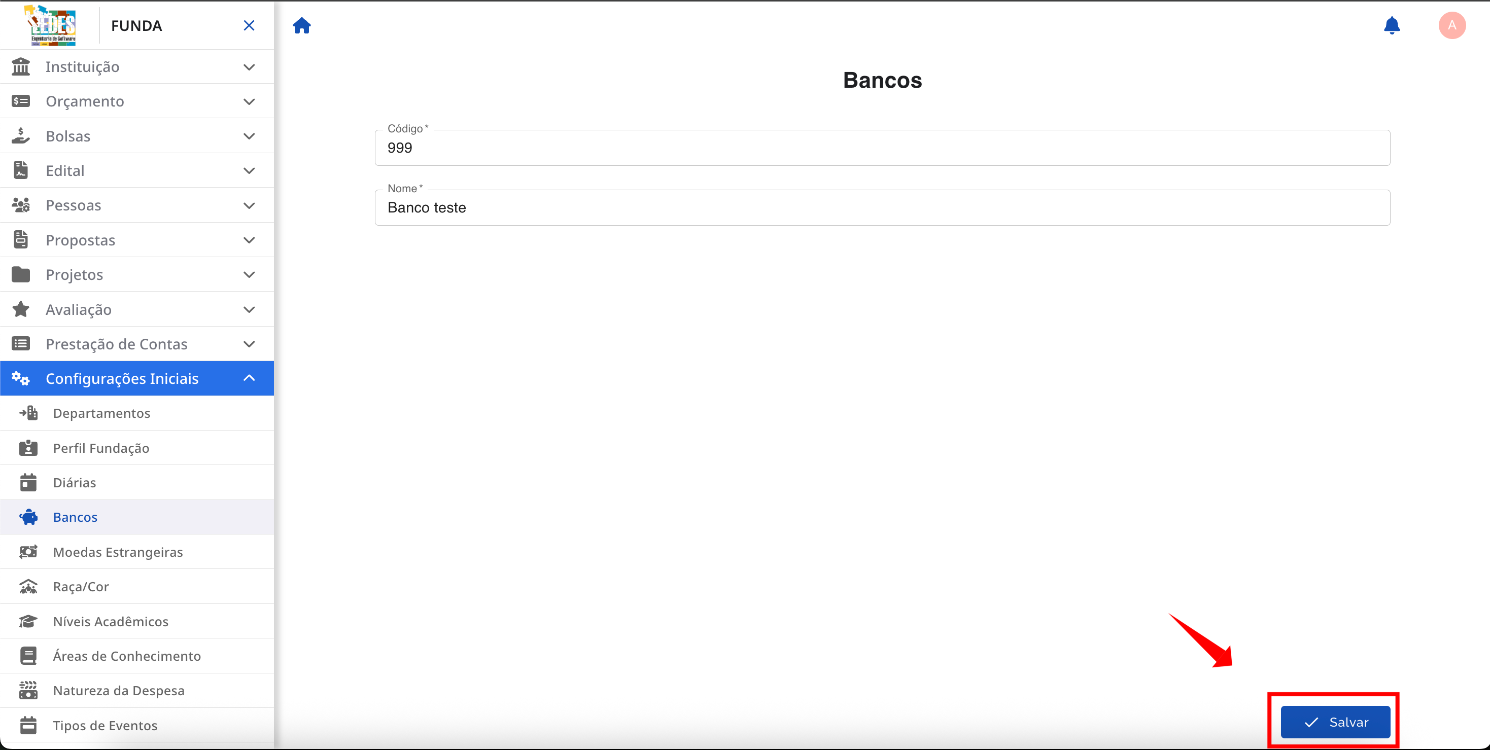 Salvando as alterações na tela de edição de banco.