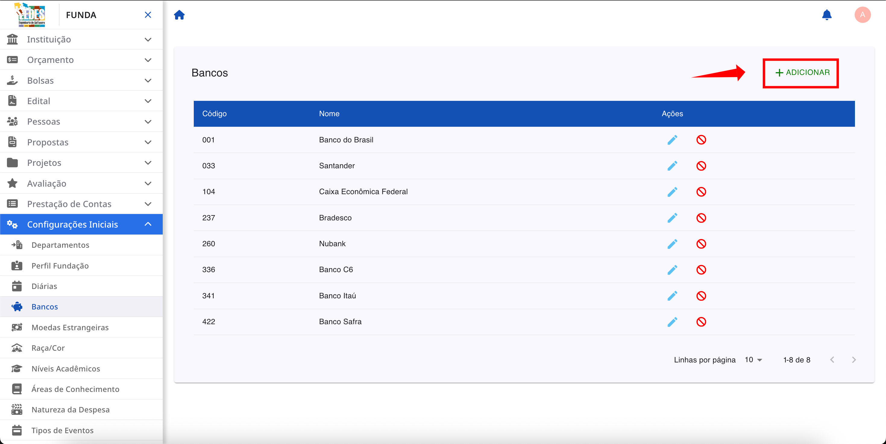Opção de adição de um novo banco.