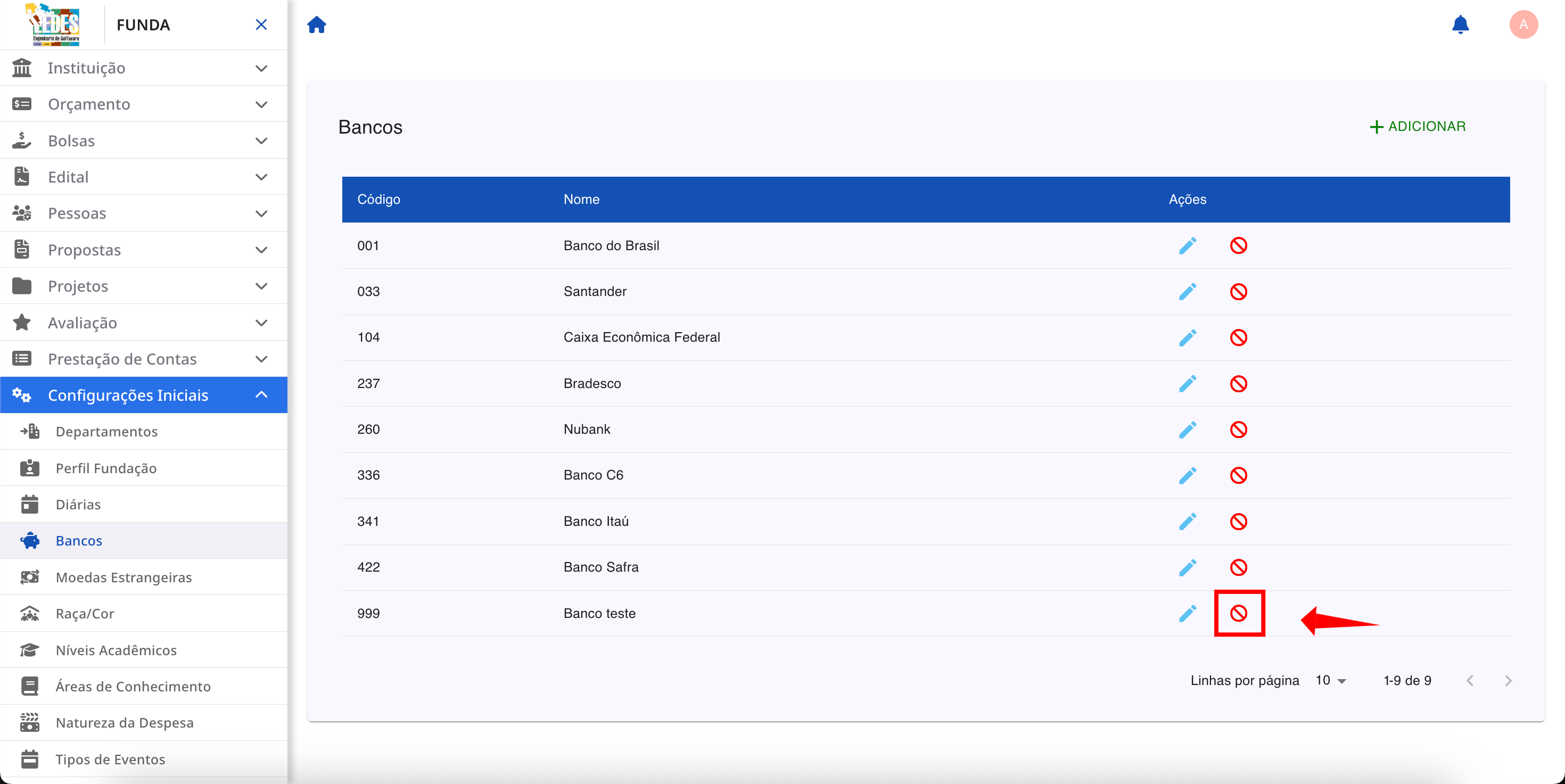 Ícone de bloqueio para desativar um banco.