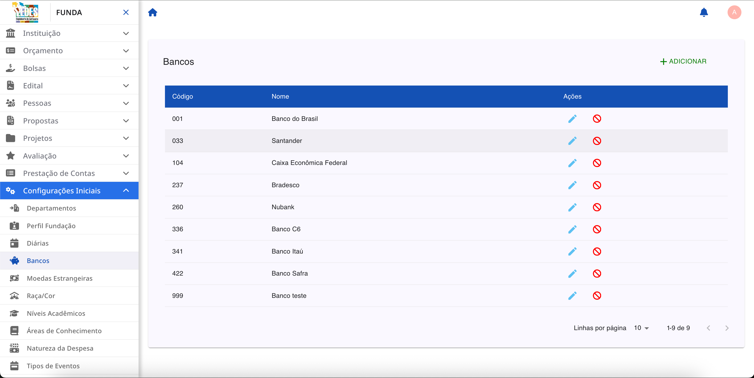 Tela final com o banco reativado na lista.