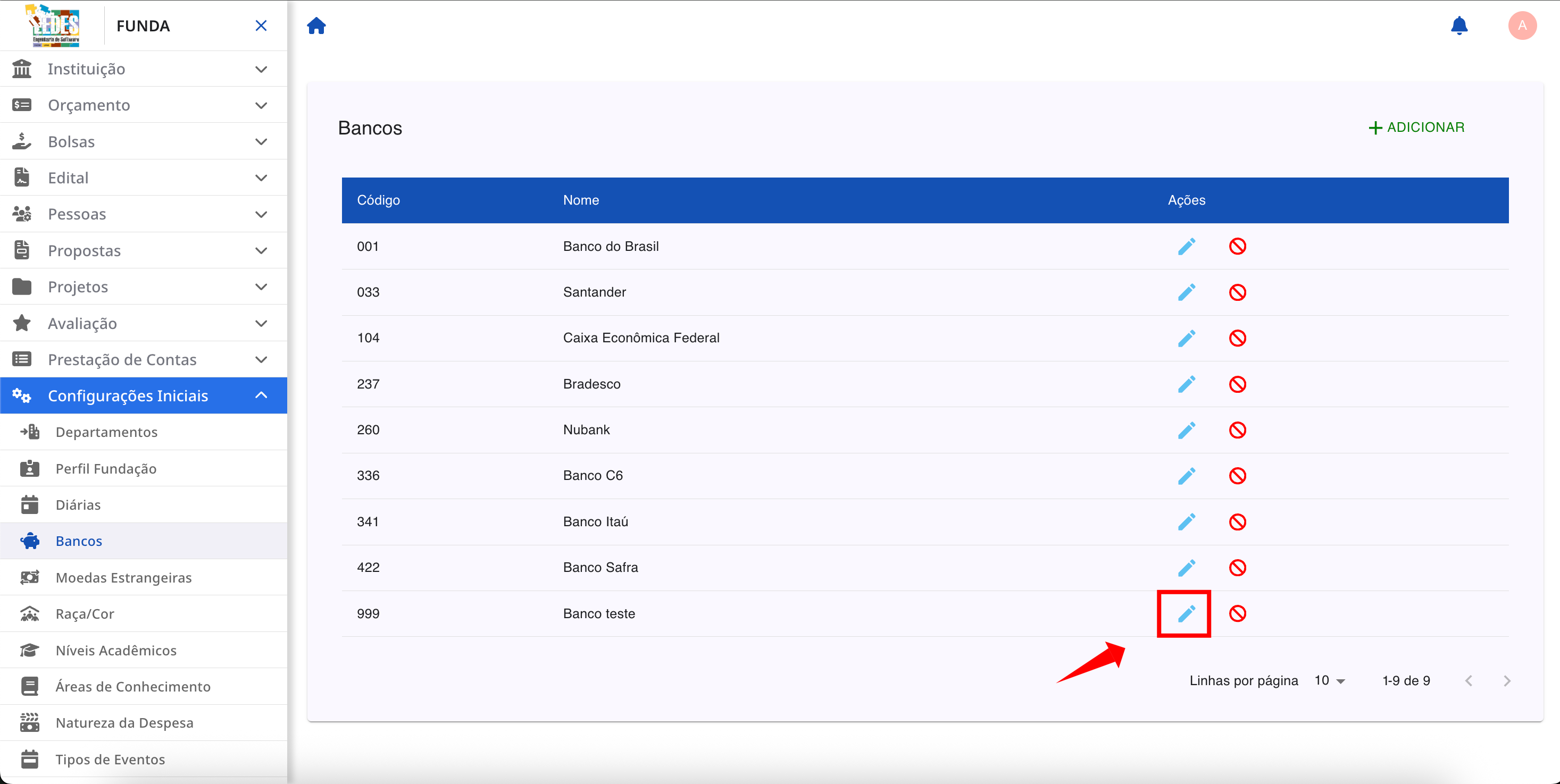 Ícone de lápis para edição destacado na tabela.
