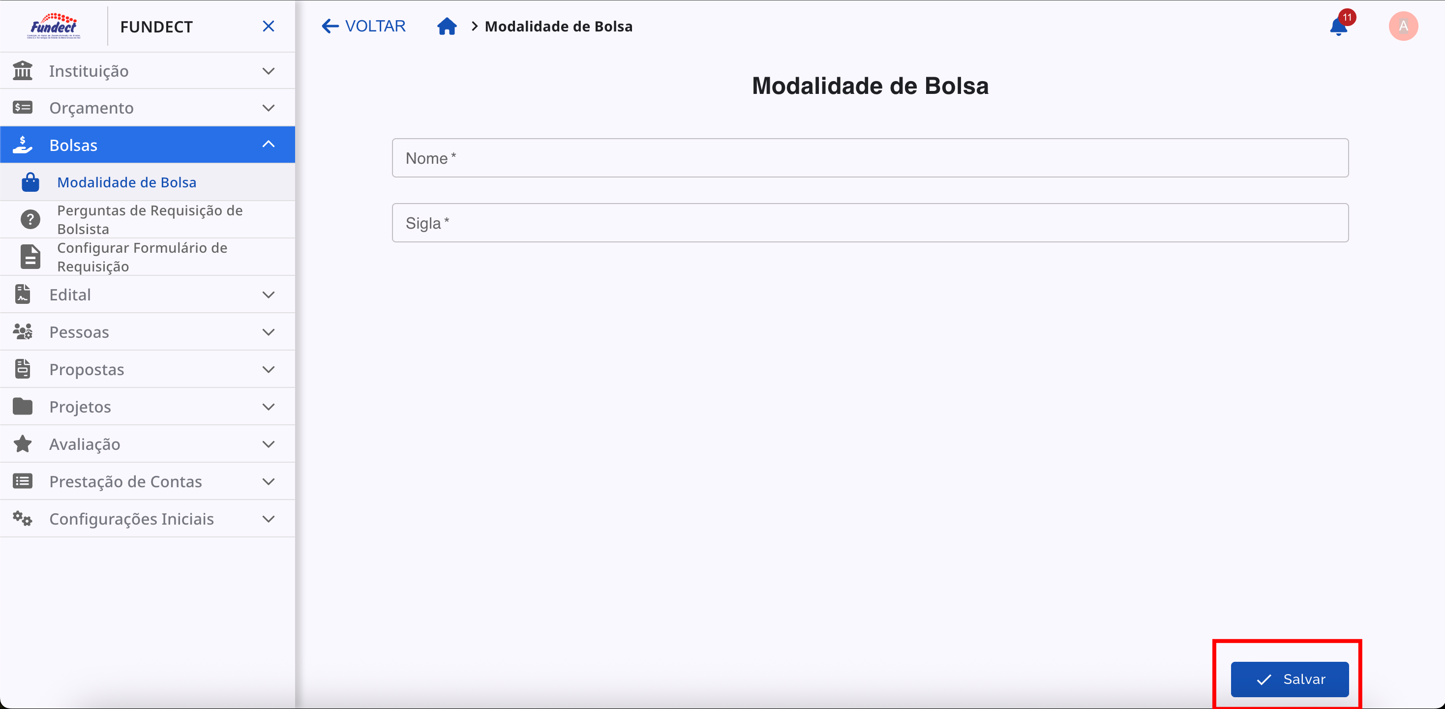 Formulário de adição de uma nova modalidade.