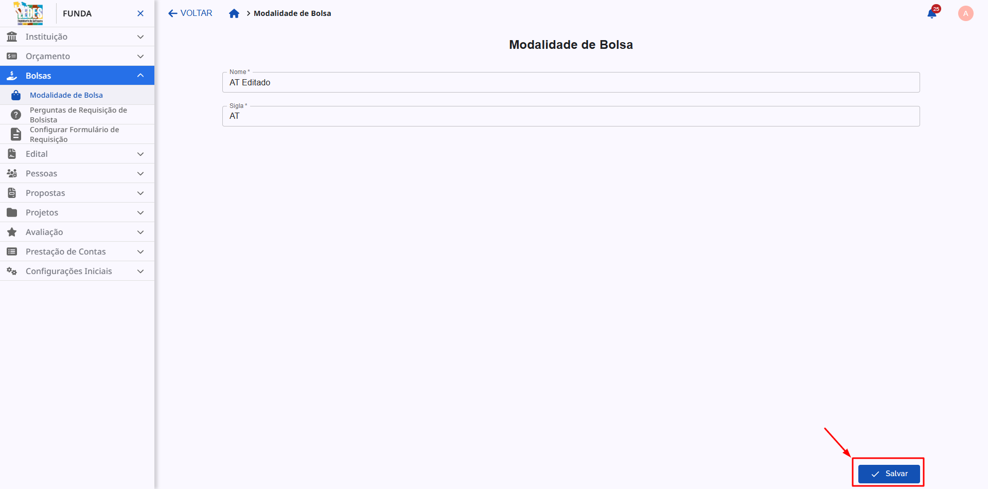 Salvando as alterações na tela de edição.