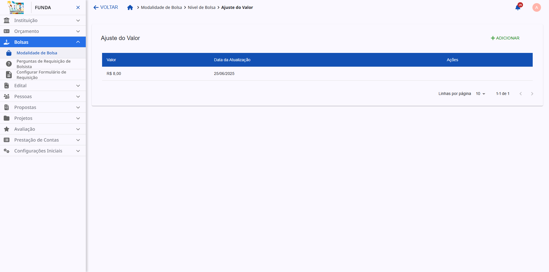 Tela de Histórico de Ajuste de Valor.