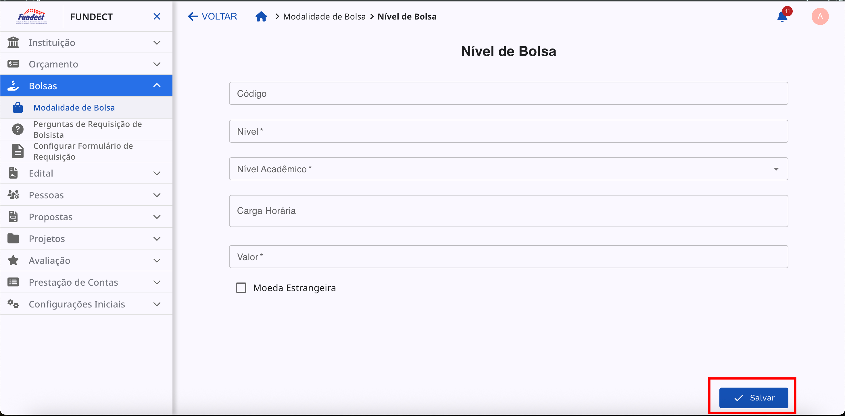Formulário de criação de um novo nível de bolsa.