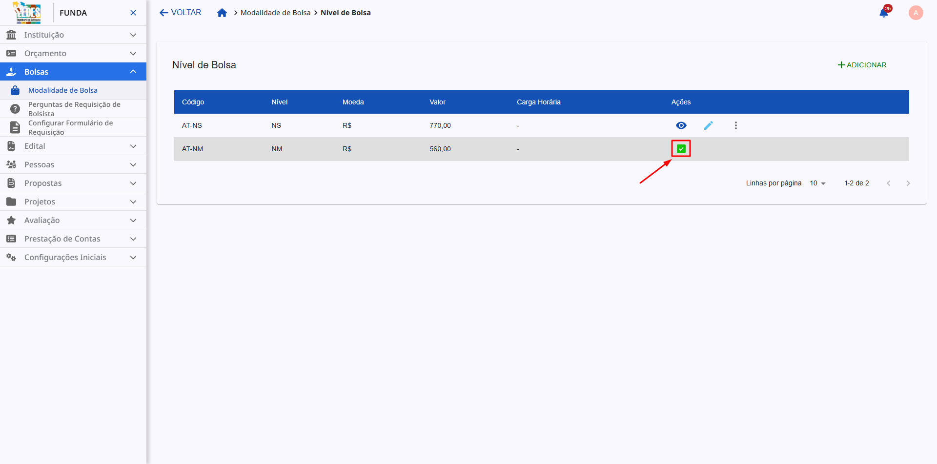 Tela mostrando um nível desativado com o ícone para reativar.