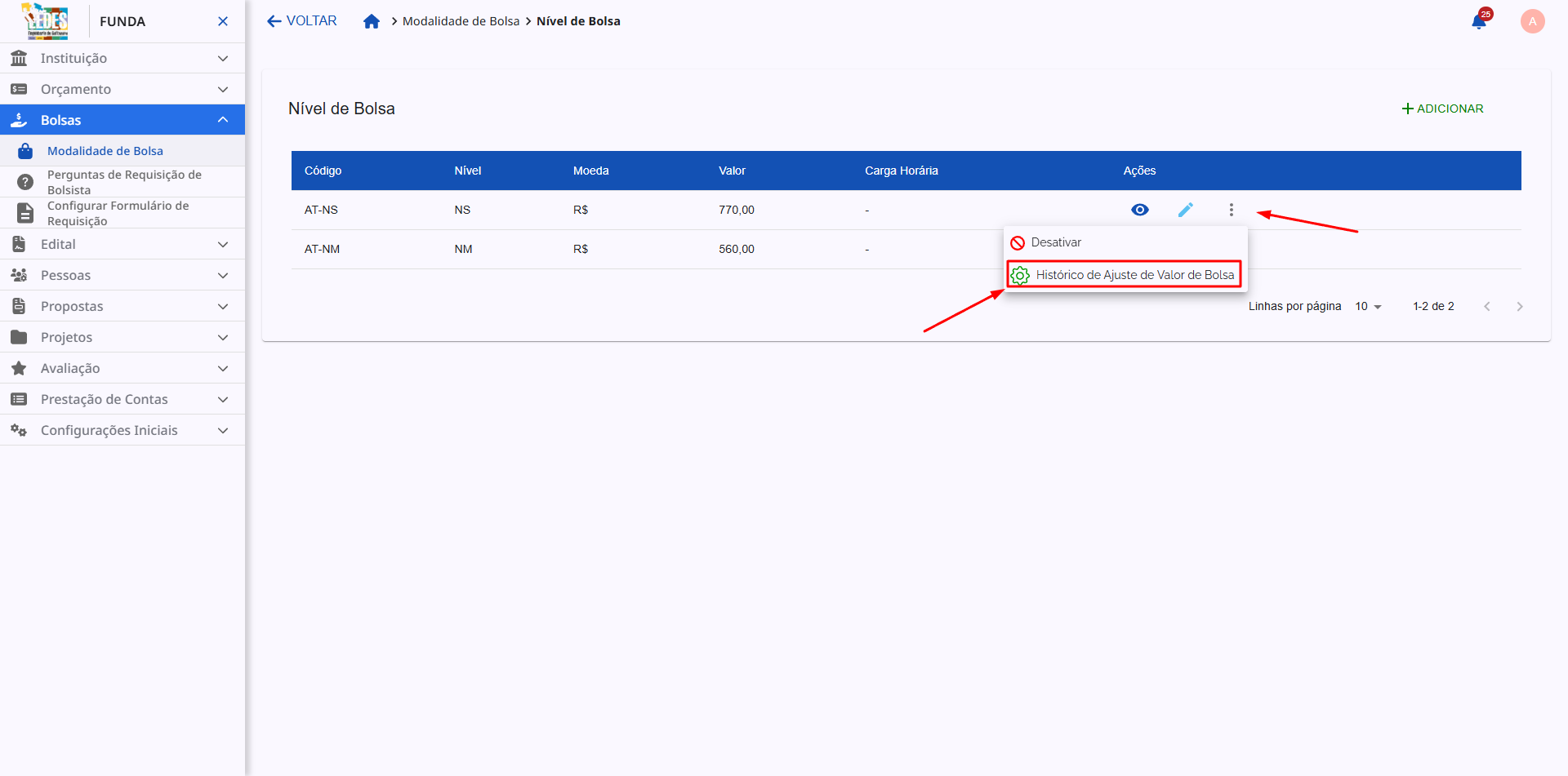 Menu de ações adicionais com a opção Histórico de Ajudeste de Valor.