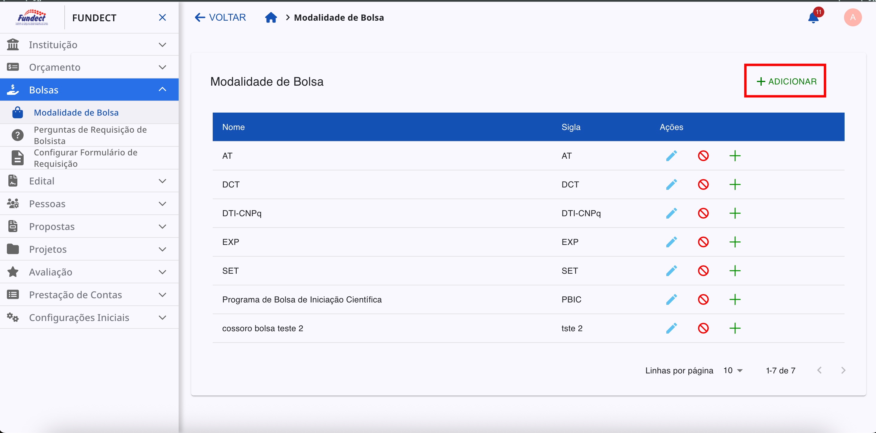 Opção de adição de uma nova modalidade de bolsa.