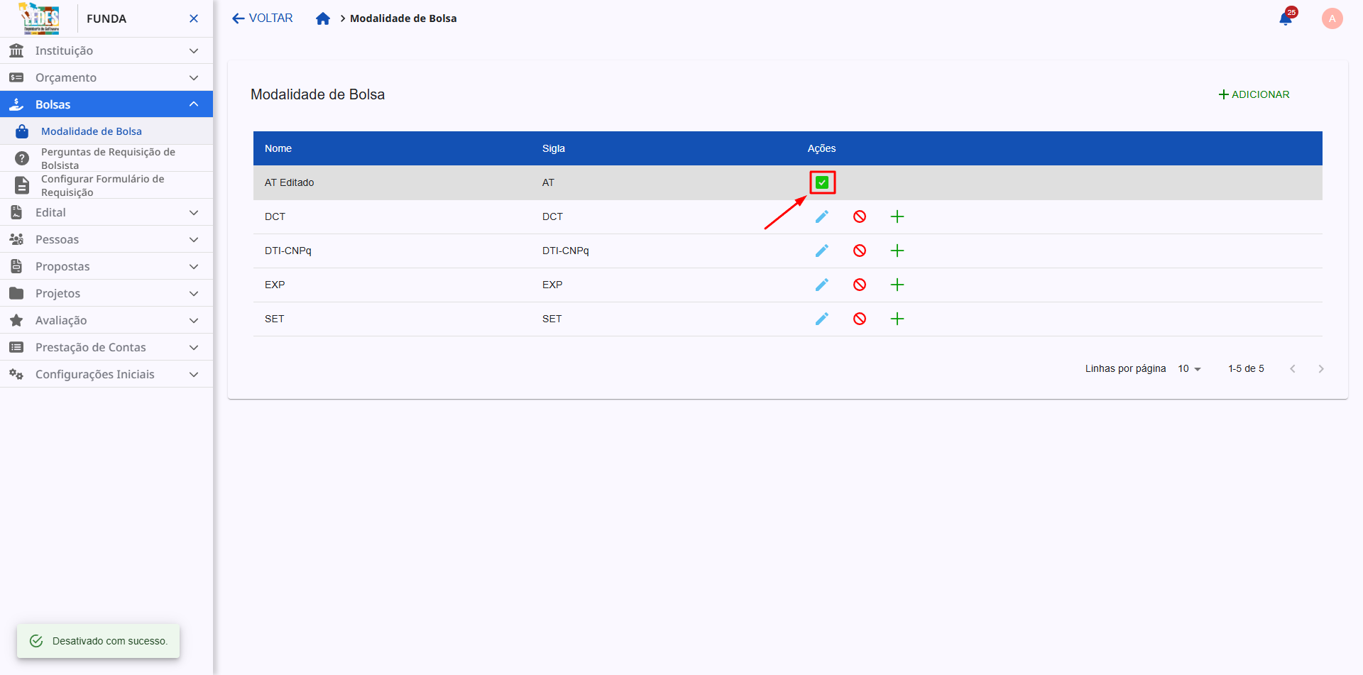 Ícone de check para reativar uma modalidade.
