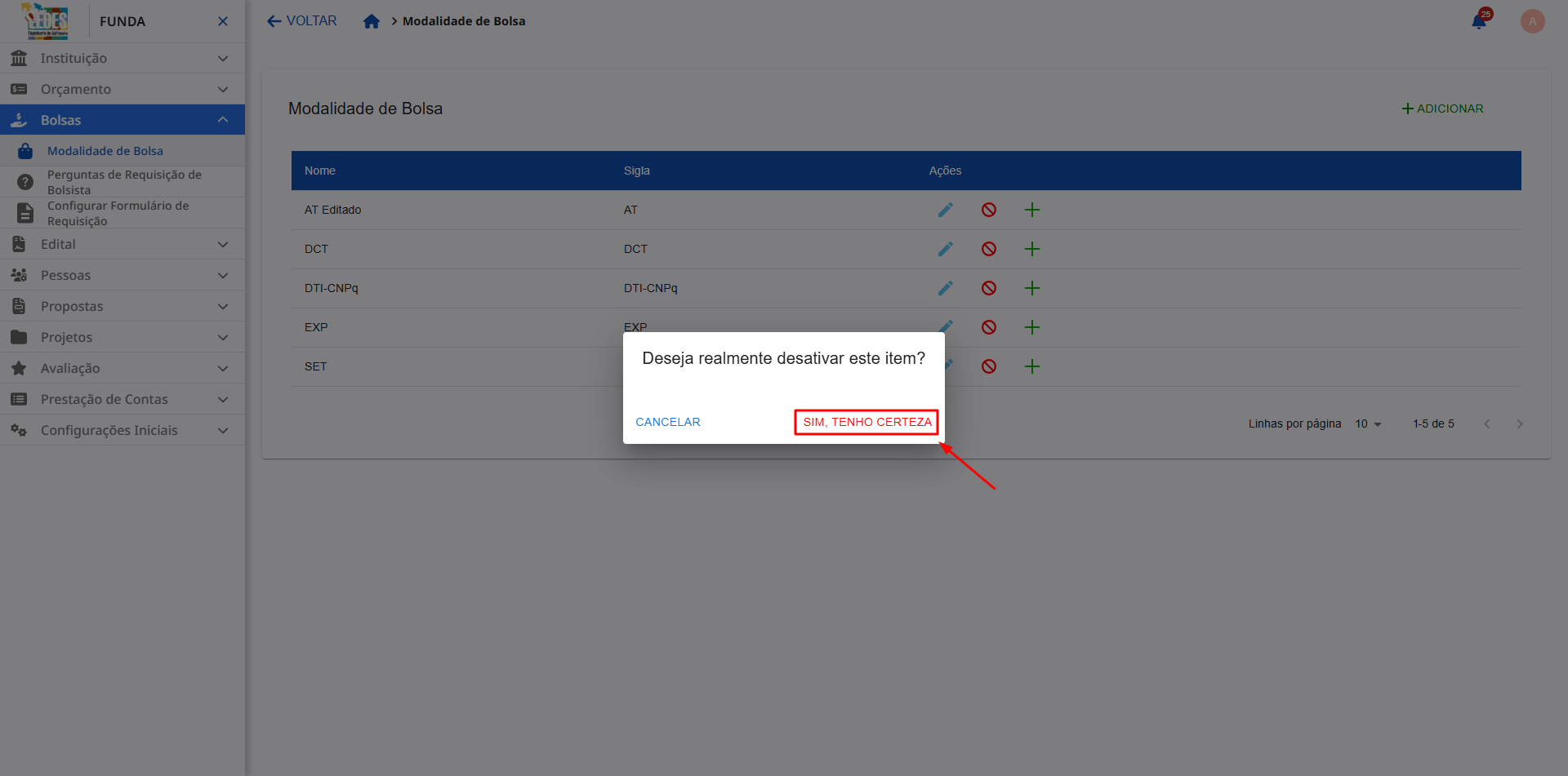 Janela de confirmação para desativar a modalidade.