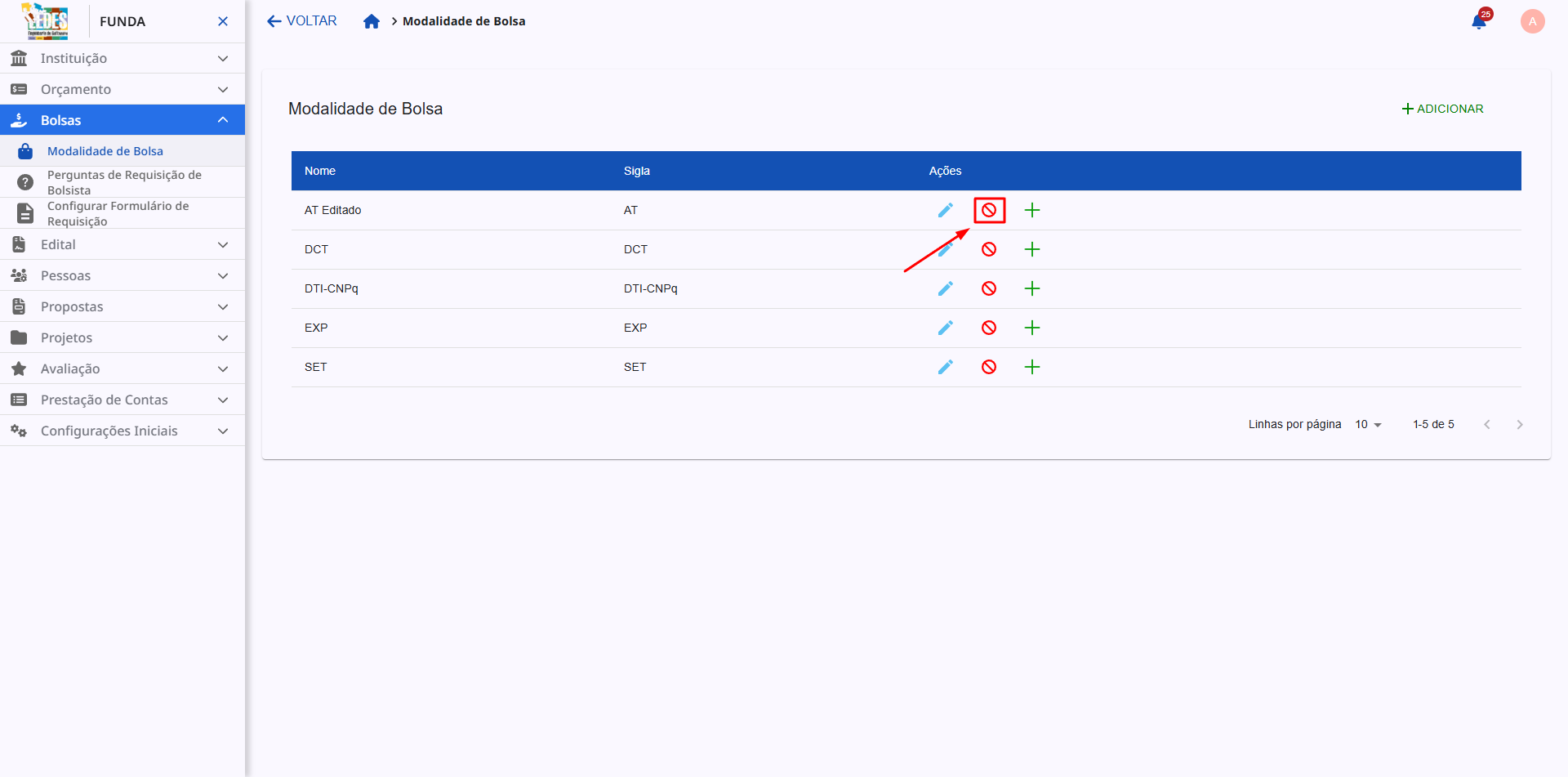 Ícone de bloqueio para desativar uma modalidade.