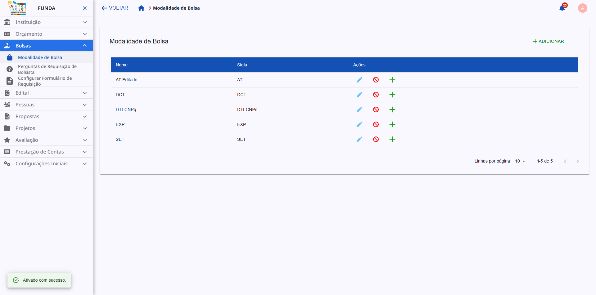 Tela final com a modalidade reativada na lista.