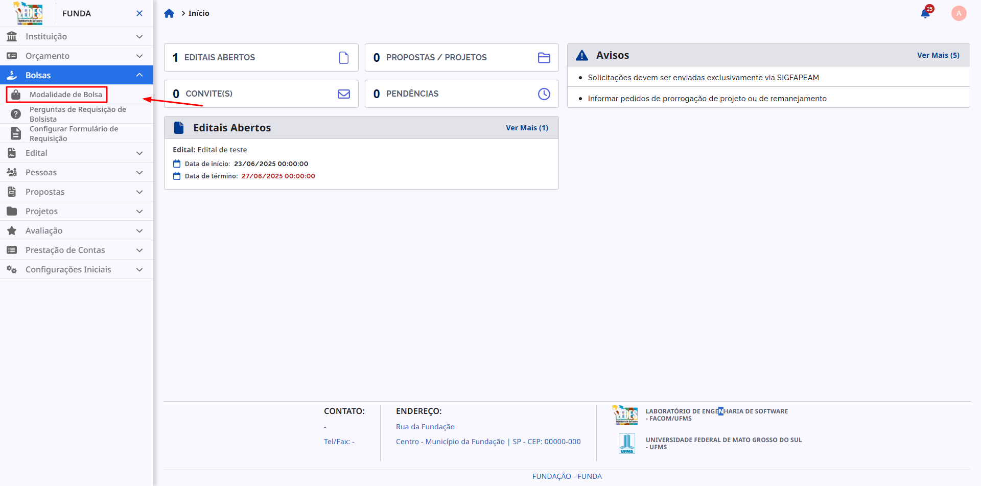Menu lateral com a opção Modalidade de Bolsa destacada.