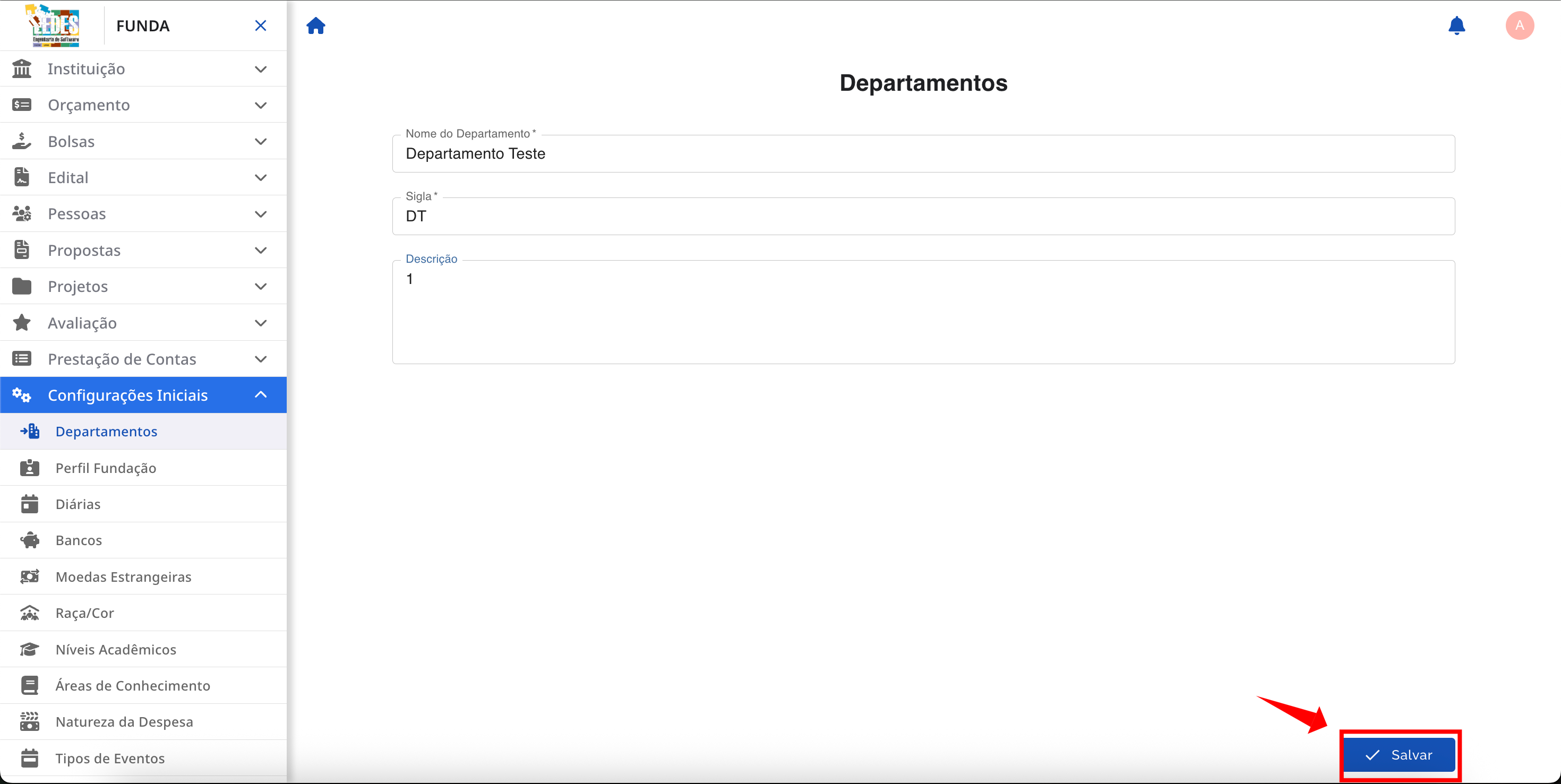 Formulário de adição de um novo departamento.