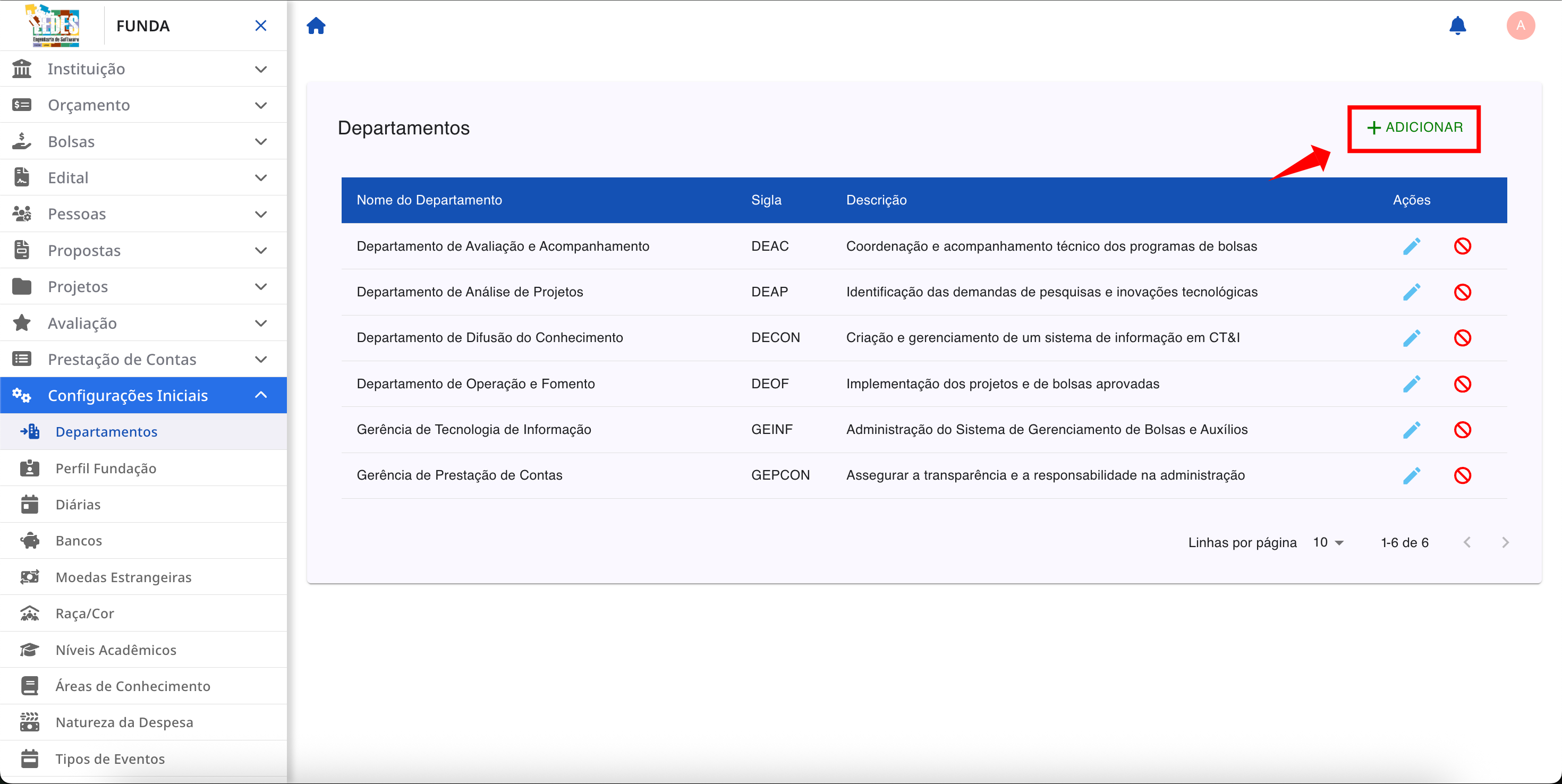 Opção de adição de um novo departamento.