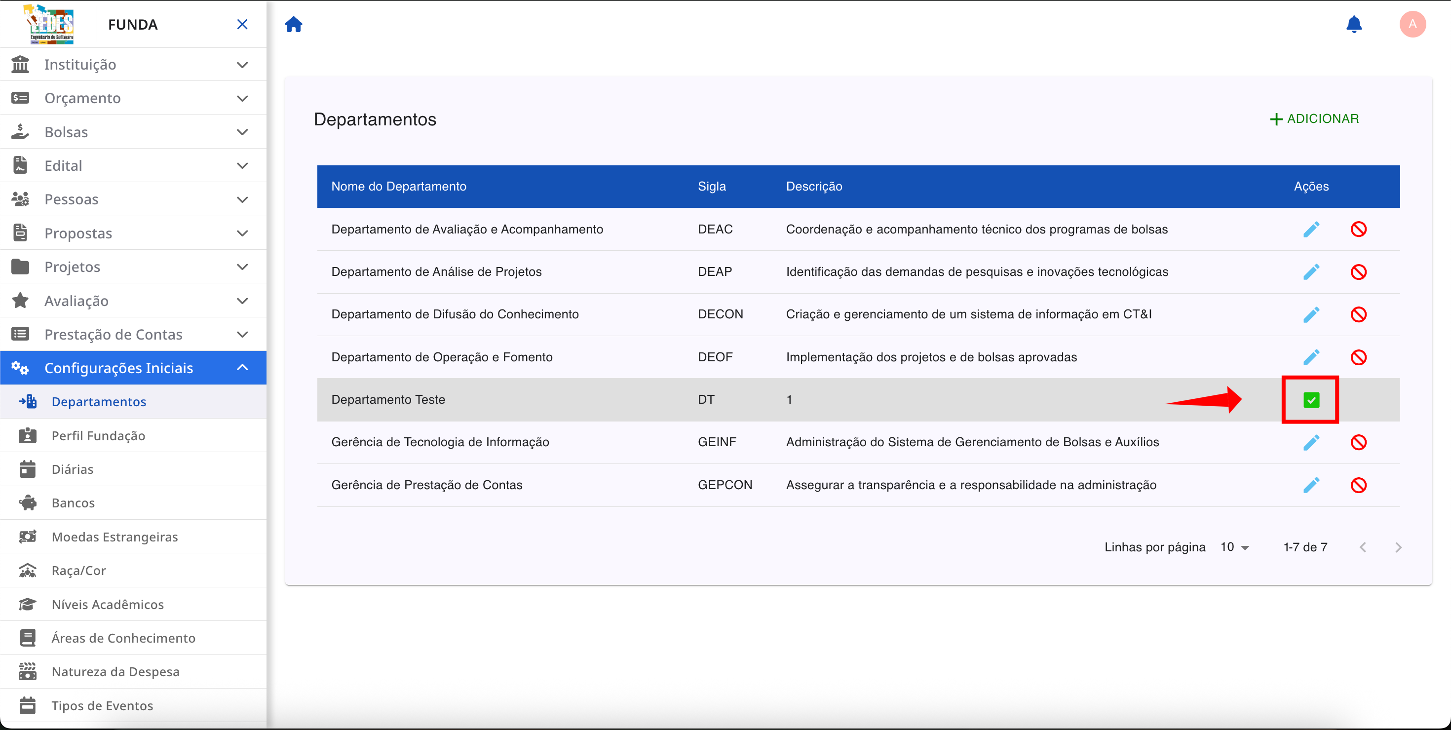 Ícone de check para reativar um departamento.
